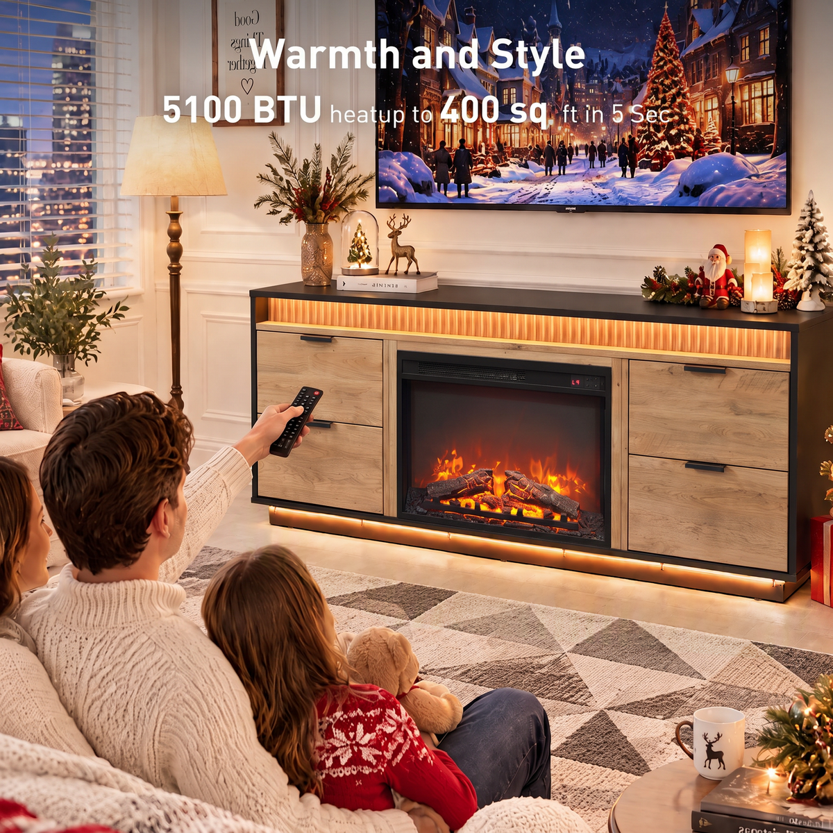 CHITOOMA Electric Fireplace TV Stand for up to 70" with 60000 RGB LED Light, Entertainment Center Console Table with 4 Large Drawers, Brown