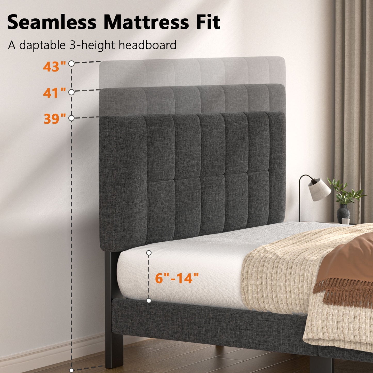 CHITOOMA Twin Bed Frame with Adjustable Headboard, Upholstered Platform Bed Frame Twin Size No Box Spring Needed, Noise-Free, Heavy Duty, Dark Grey