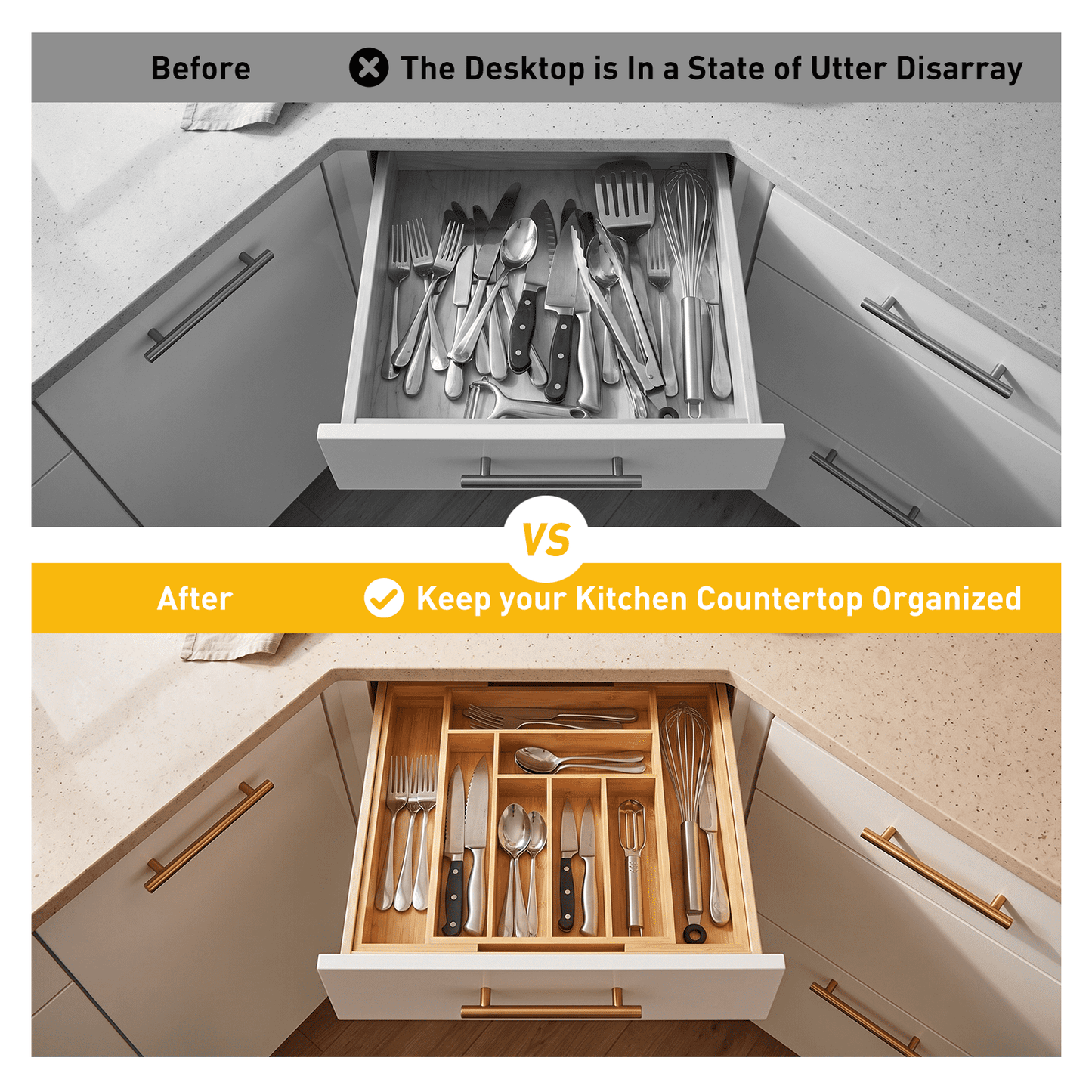 CHITOOMA Wood Bamboo Kitchen Drawer Organizer,Expandable Silverware Holder,Adjustable Kitchen Utensil Tray,for Forks, Spoons and Knives,8 Slots,Large