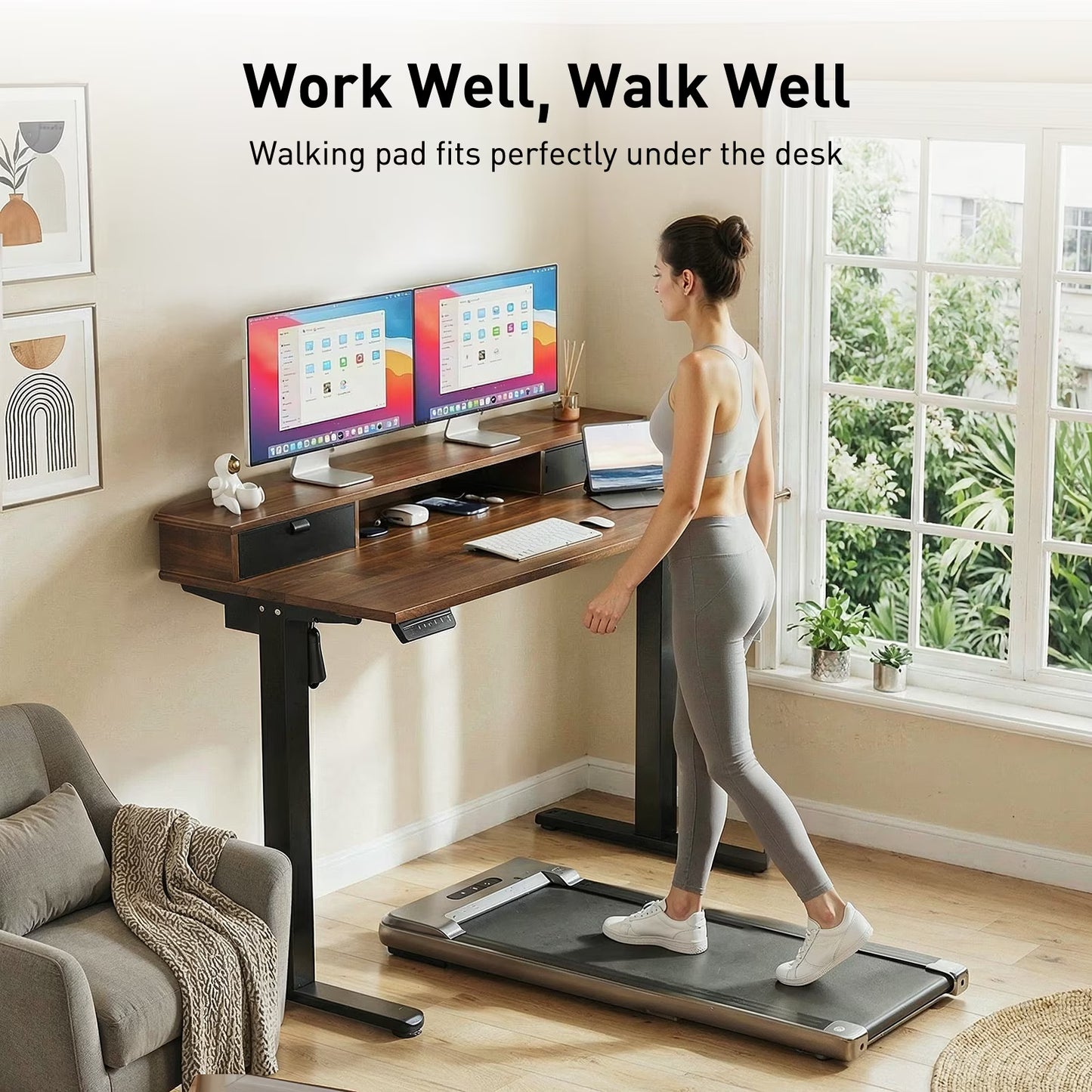 CHITOOMA 48″ x 24″ Standing Desk with Drawers, Electric Height Adjustable Sit Stand Desk with Storage Shelf, walnut