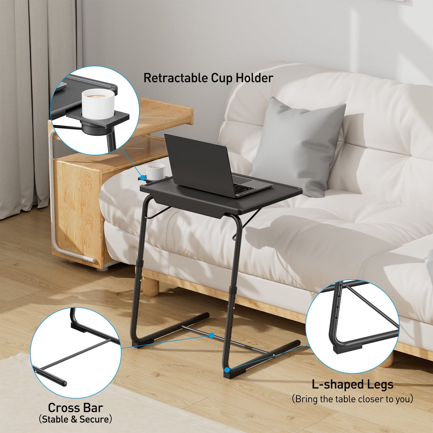TV Tray Table with Cup Holders, Portable C-Shaped Side Dinner Tray Table, Adjustable 6 Heights & 3 Tilt Angle for Living Room, Bedroom, Black
