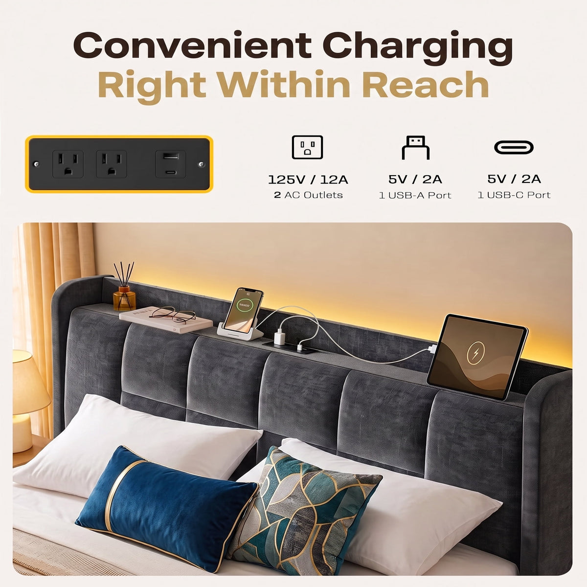 CHITOOMA 2 Piece Bedroom Furniture Set,Queen Bed Frame & 12" Memory Foam Mattress,Upholstered Platform Bed with Storage Drawers,RGB LED Headboard,Charging Station,Gray