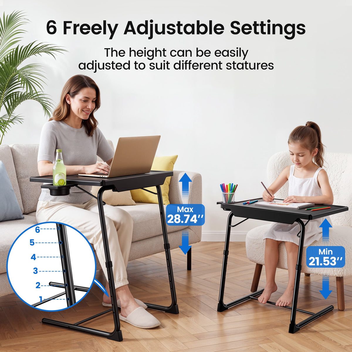 Adjustable TV Tray Table with Cup Holder,2 Pack Foldable TV Dinner Tray Table with 6 Heights & 3 Tilt Angle for Couch, Bed, Sofa & Chair,Black
