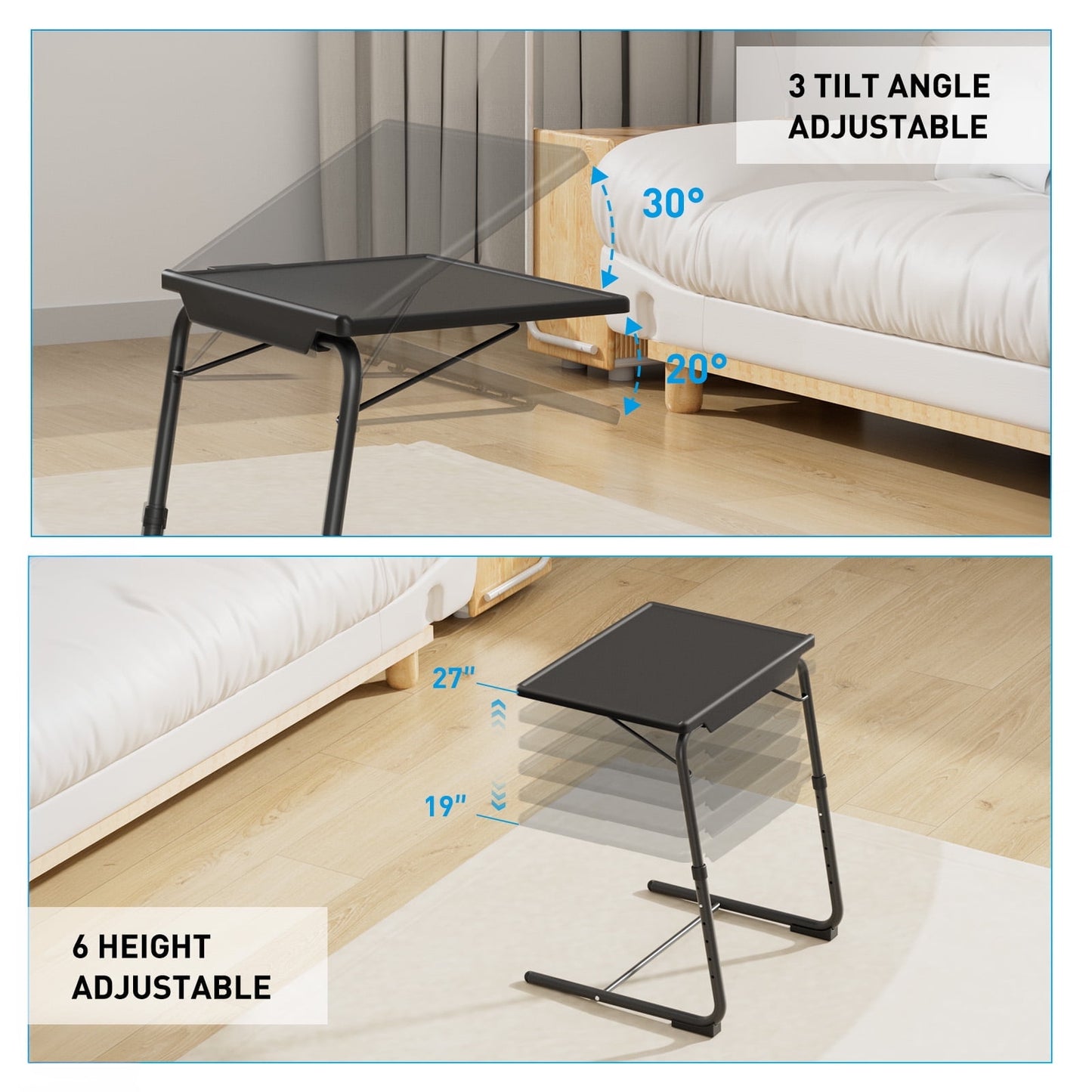 TV Tray Table with Cup Holders, Portable C-Shaped Side Dinner Tray Table, Adjustable 6 Heights & 3 Tilt Angle for Living Room, Bedroom, Black