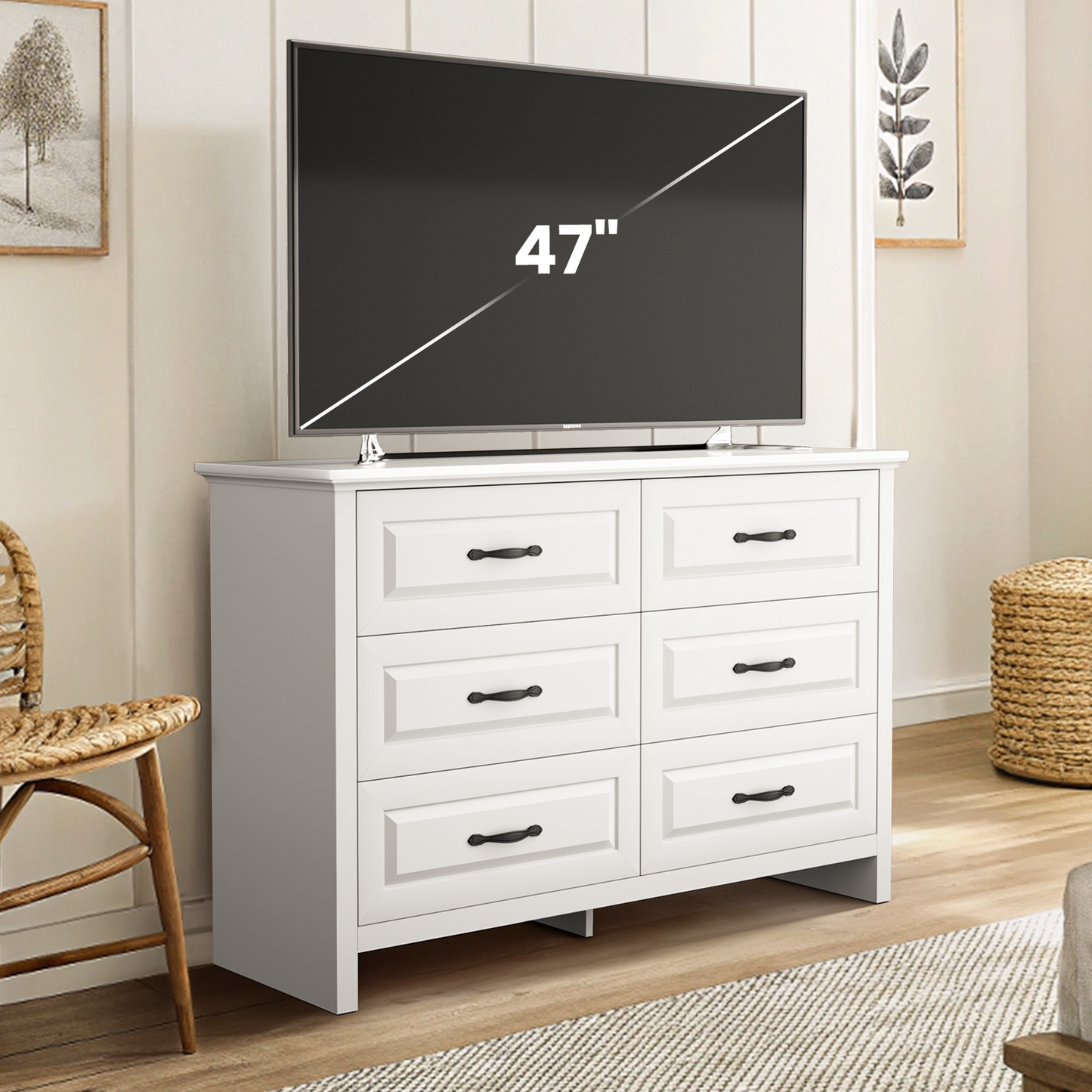 CHITOOMA White Dressers for Bedroom 6 Drawer, 47.2" Adult Wooden Dresser, Double Storage Cabine Chest of Drawers for Living Room, Hallway