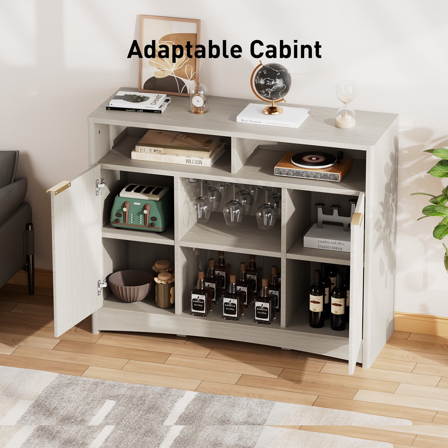 CHITOOMA Modern Coffee Bar Cabinet with Wine Glass Rack, Fluted Buffet Sideboard with Adjustable Storage Shelves and Doors, Liquor Bar Table for Dining Room or Living Room, Gray