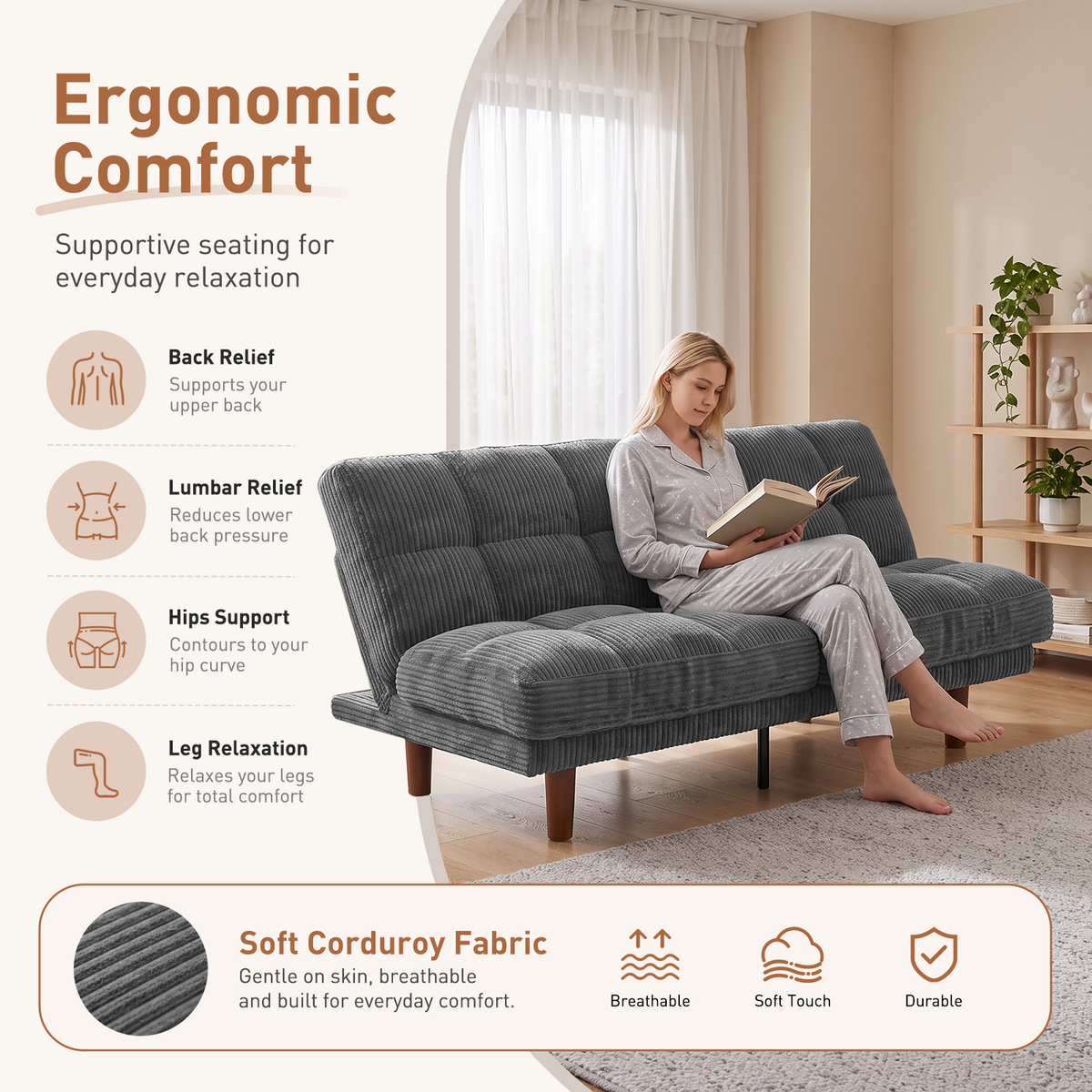 CHITOOMA 66" Futon Sofa Bed with Adjustable Backrest, Corduroy Convertible Futon Couch, Extra-Thick Cushion, Comfy Loveseat for Small Spaces, Apartment or Office, Gray
