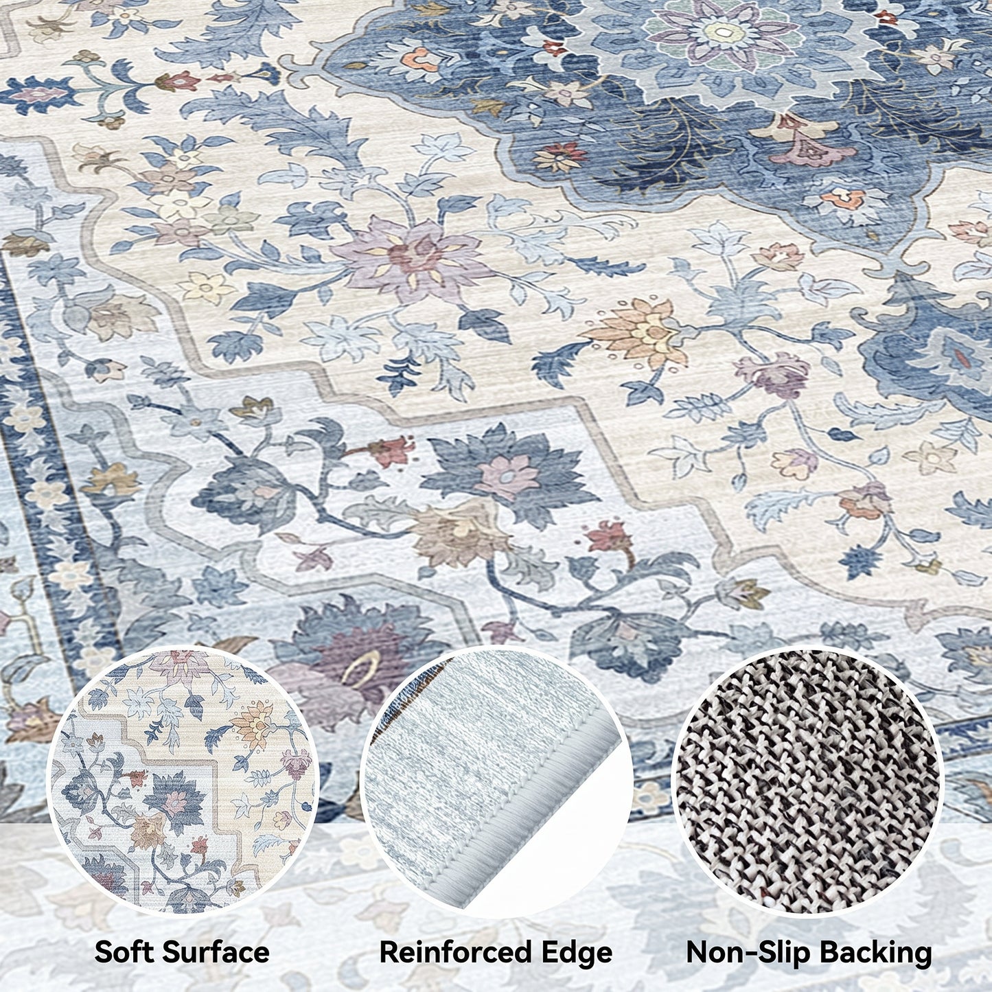 CHITOOMA 9'x12' Area Rugs for Living Room, Boho Machine Washable Stain Resistant Non-Shed Carpet, Floral Area Rug with Non-Slip Backing for Bedroom, Dining Room, Dorm, Office