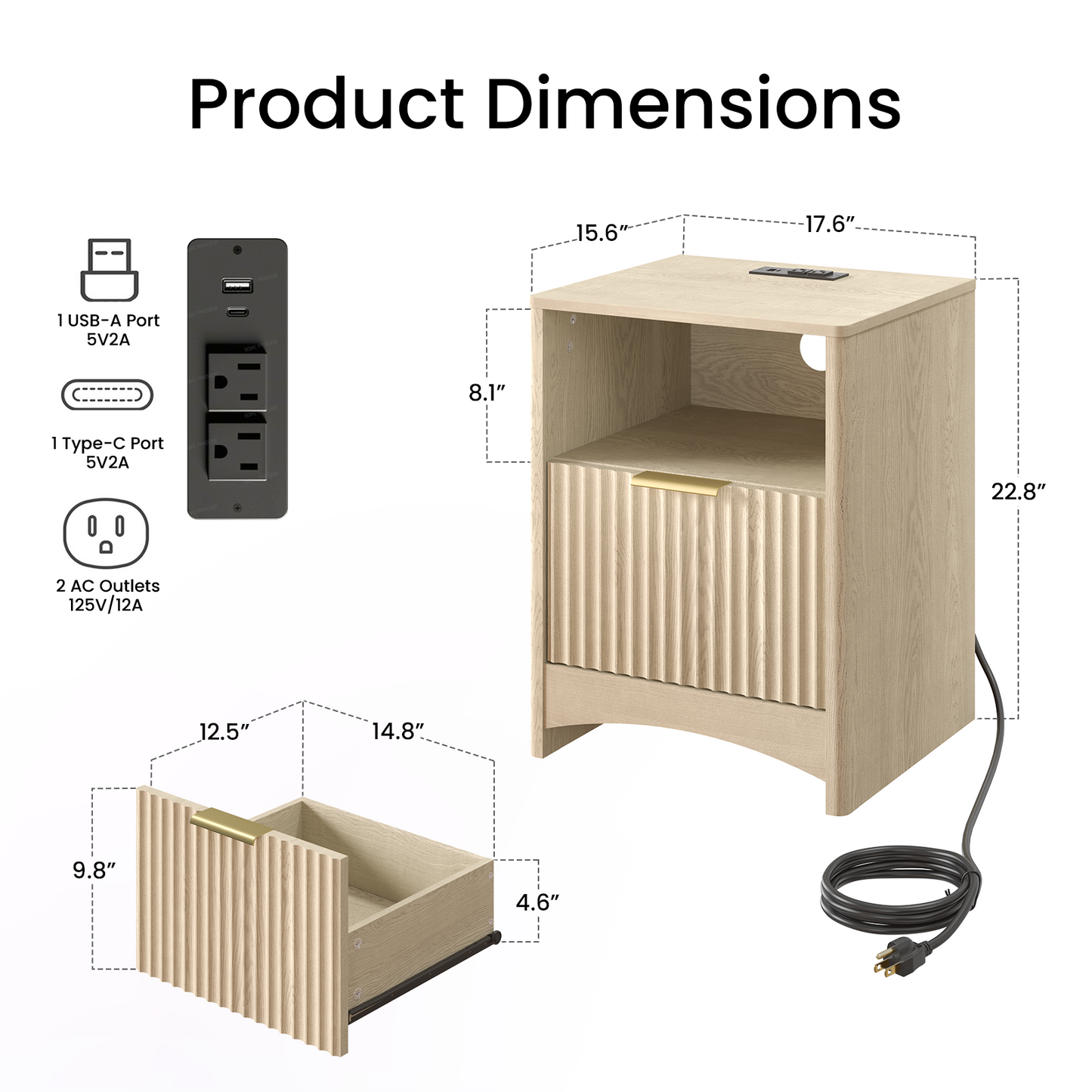 CHITOOMA Fluted Nightstand Set of 2 with Charging Station, Wood Bedside Table with Drawer & Open Shelf, Small End Table for Bedroom Living Room, Natural