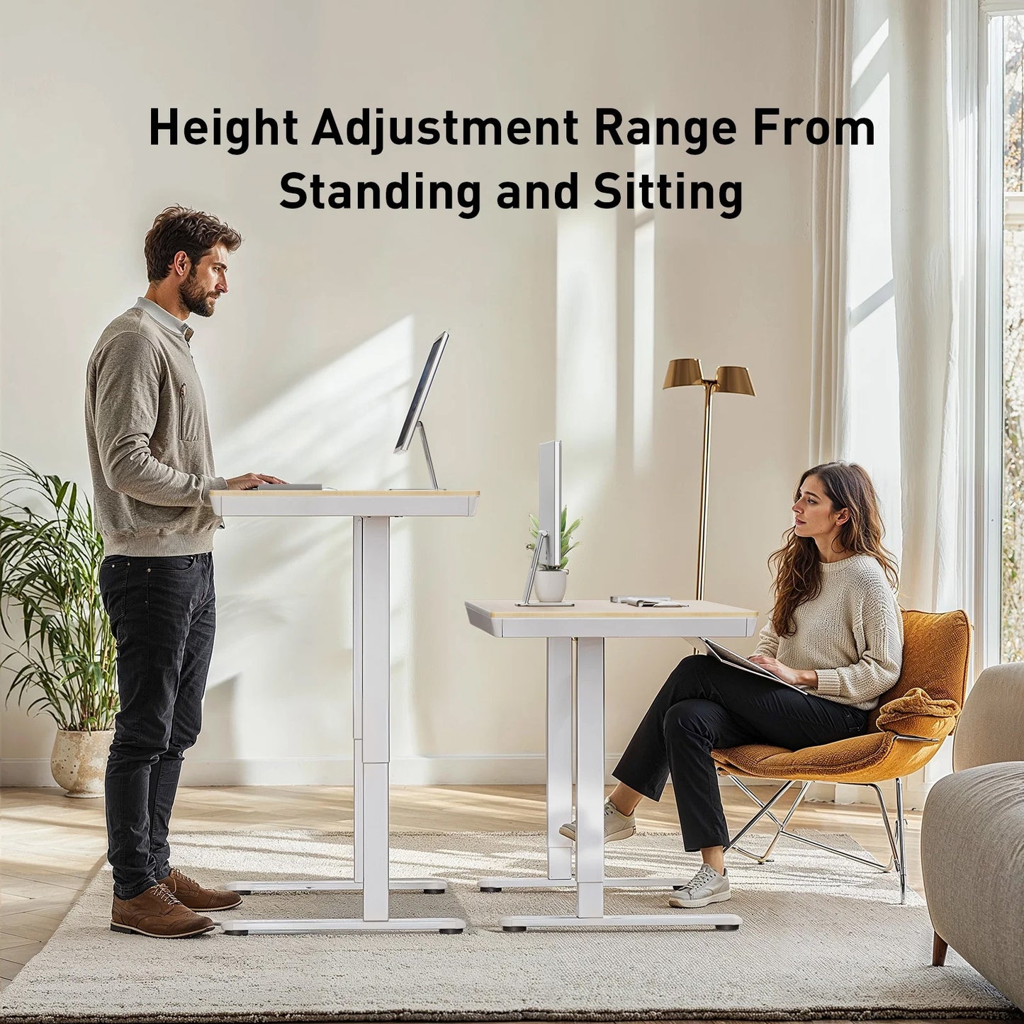 CHITOOMA One Piece Electric Standing Desk with Drawer, 48" x 24" Maple Wood-top Height Adjustable Office Desk with USB Charging Ports, Sit to Stand Desk for Home