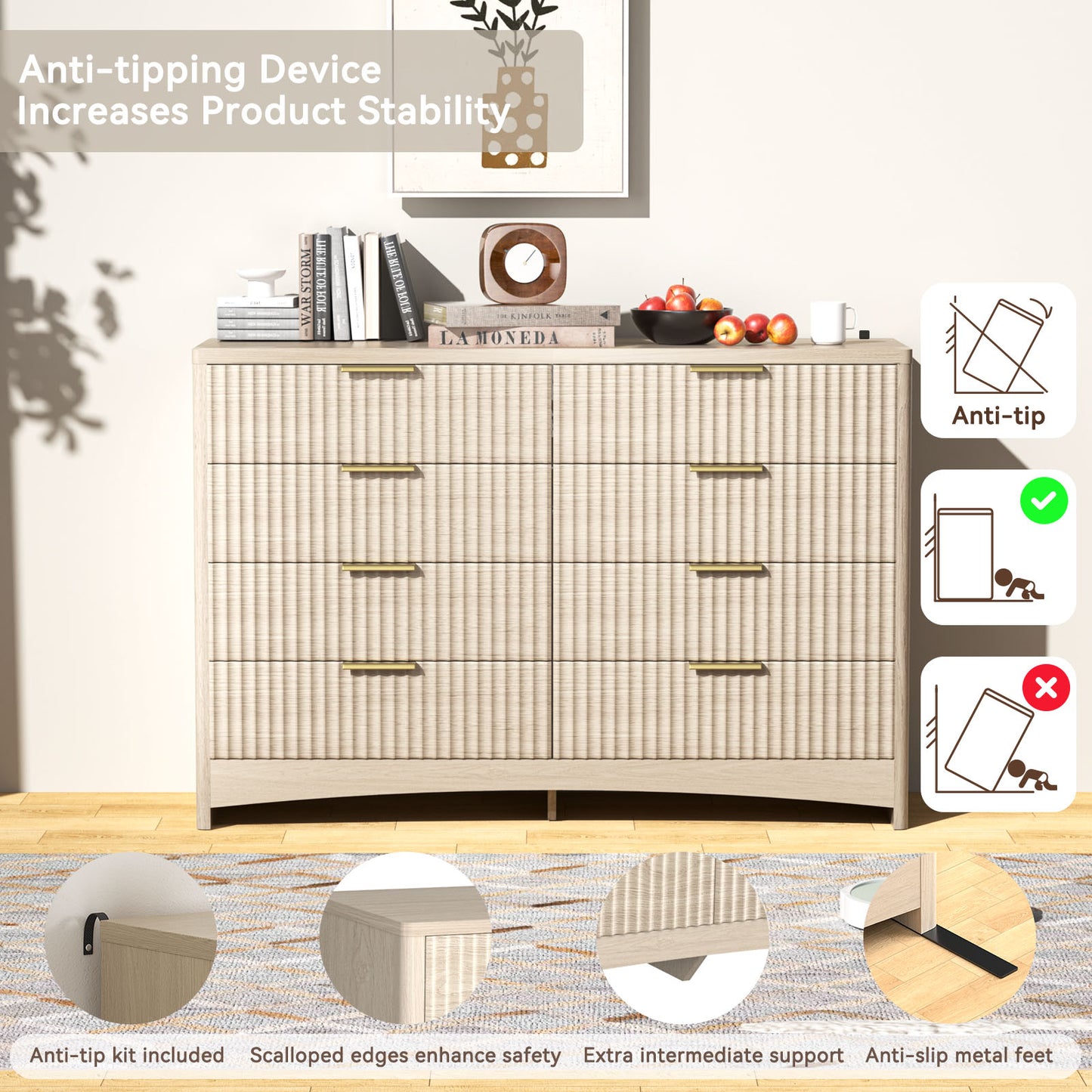 CHITOOMA Modern 8 Drawer Dresser for Bedroom, Extra Large Fluted Wood Chest with Gold Handles, Wide Storage Organizer Cabinet, Natural