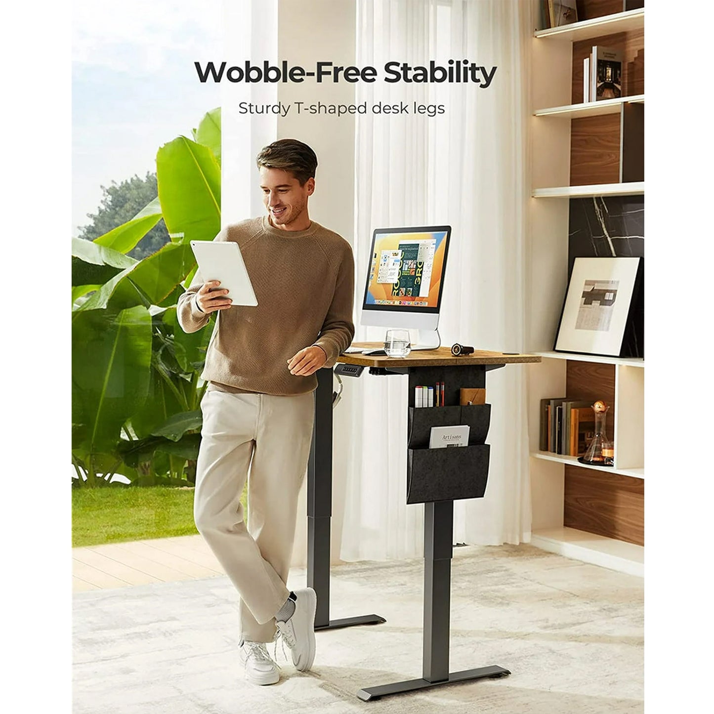 CHITOOMA 55" x 24" Electric Standing Desk with Storage Bag, Adjustable Height Sit to Stand Desk with 4 Memory Pre-Set, Headphone Hook for Home Office, Rustic Brown