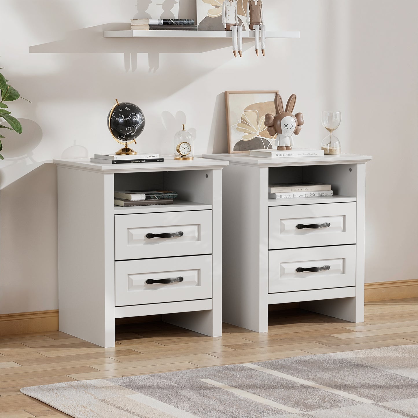 CHITOOMA 2-Drawer Nightstand with Charging Station, Wood Bedside Table with Open Shelf, Small End Table for Bedroom Living Room, White