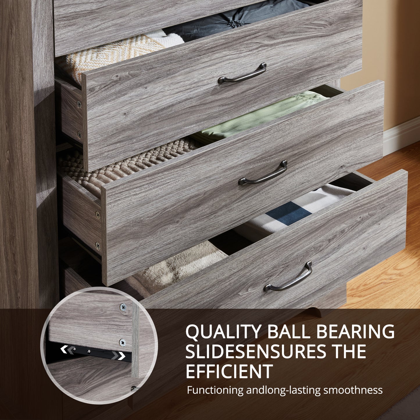 CHITOOMA 5 Drawer Dressers for Bedroom, Adult Tall Wooden Chest of Drawers, Storage Cabine for Living Room Entryway, Gray