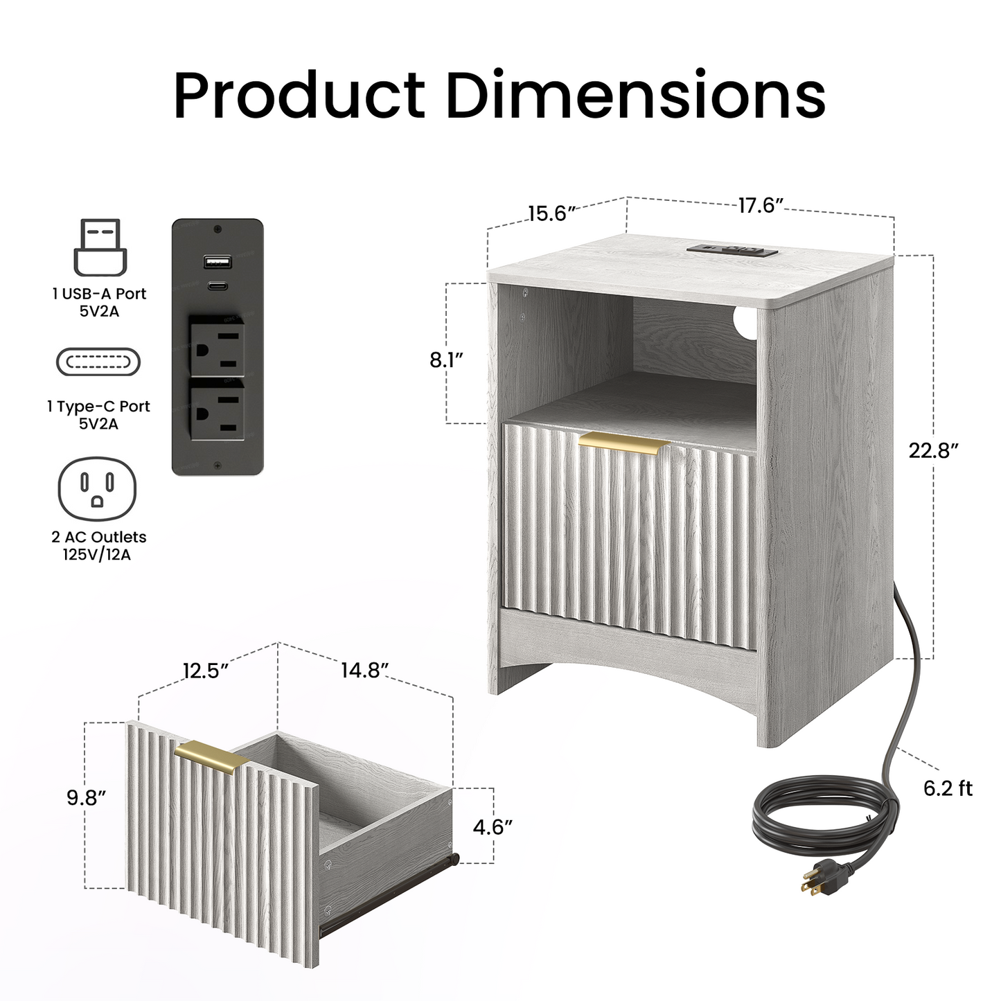 CHITOOMA Fluted Nightstand Set of 2 with Charging Station, Wood Bedside Table with Drawer & Open Shelf, Small End Table for Bedroom Living Room, Gray
