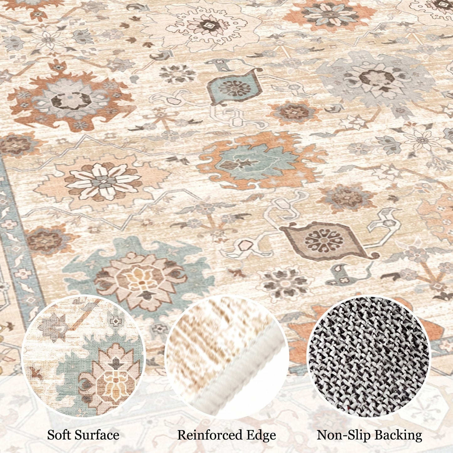 CHITOOMA 8'x10' Area Rugs for Living Room, Boho Machine Washable Floral Area Rug with Non-Slip Backing, Stain Resistant Non-Shed Carpet for Bedroom, Dining Room, Dorm, Office