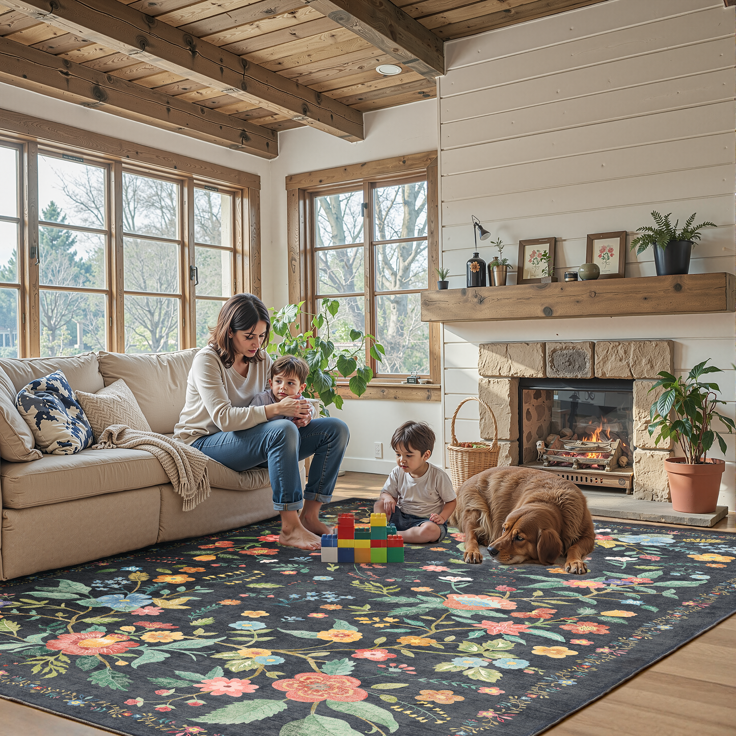 CHITOOMA 5'x7' Machine-washable Area Rugs for Living Room, Stain Resistant Non-Shed Carpet, Boho Floral Area Rugs with Non-Slip Backing for Bedroom, Dining Room, Dorm, Office