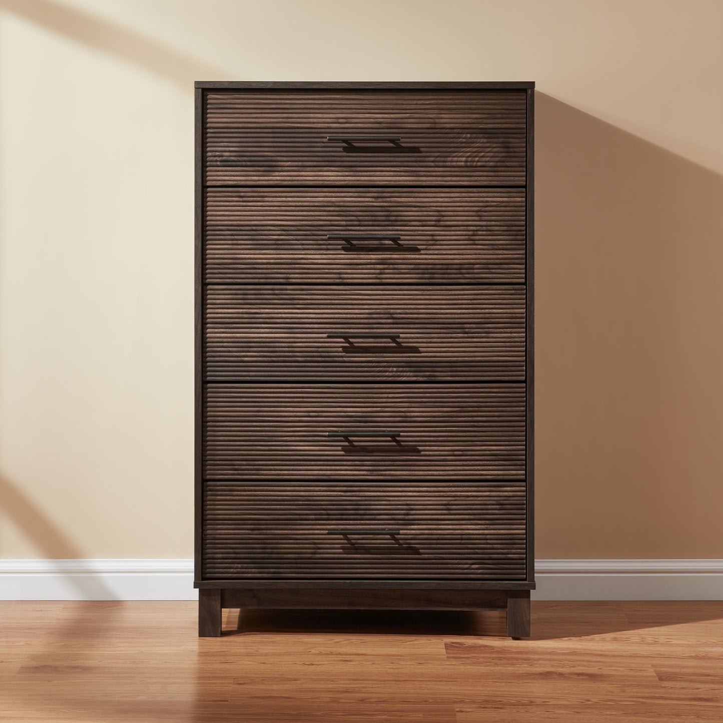 CHITOOMA Fluted Dresser for Bedroom, Modern Wooden 5 Drawer Tall Dresser, Chest of Drawers, Storage Cabine Living Room Hallway, Walnut