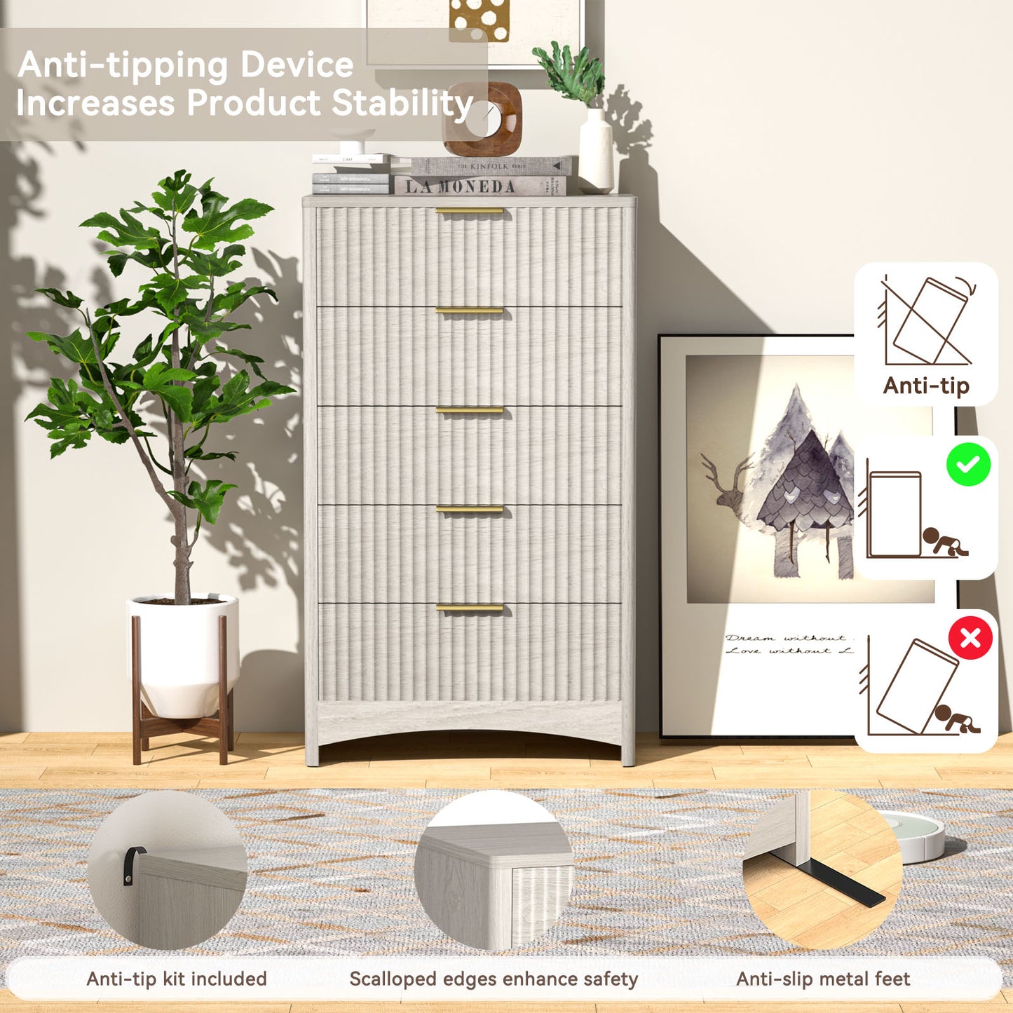 CHITOOMA Modern 5 Drawer Dresser for Bedroom, Fluted Wood Chest of Drawers with Gold Handles, Tall Storage Cabinet for Living Room, Gray