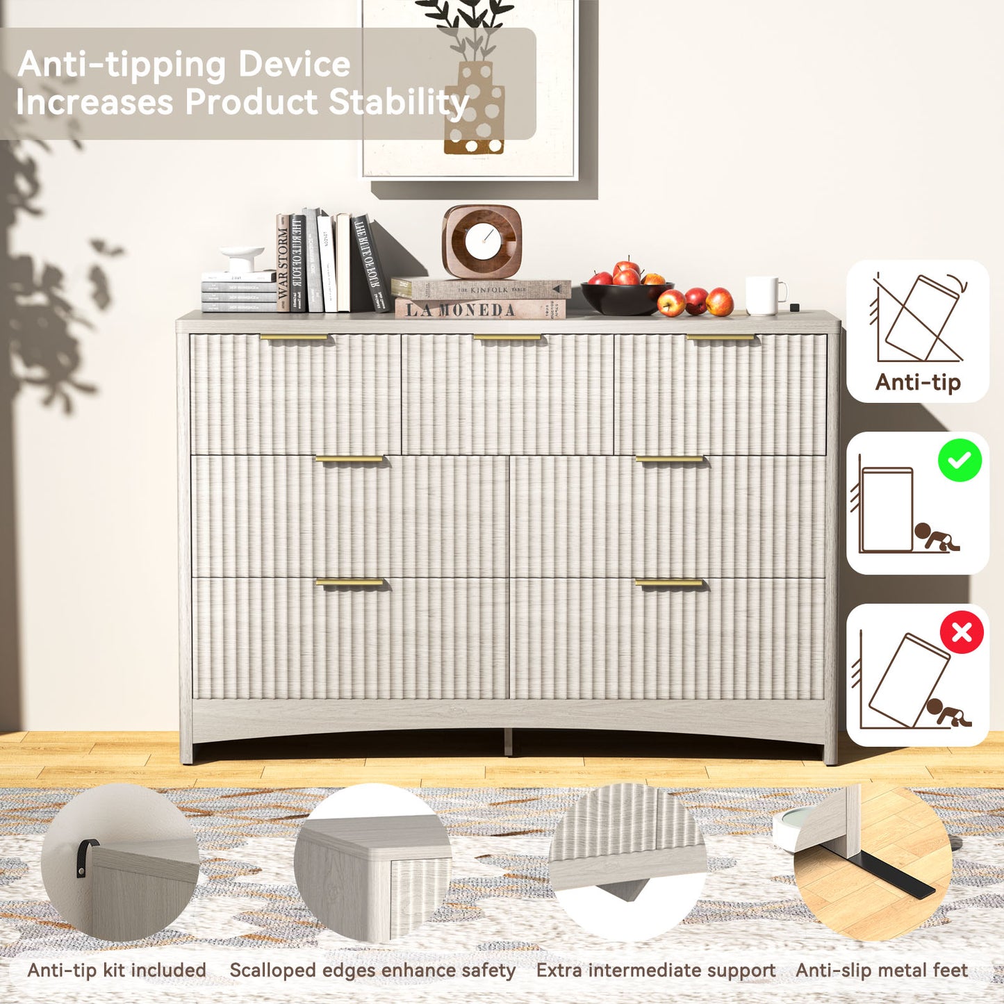 CHITOOMA Modern 7 Drawer Dresser, Wide Fluted Wood Storage Cabinet with Gold Handles, Chest of Drawers for Bedroom or Living Room, Gray