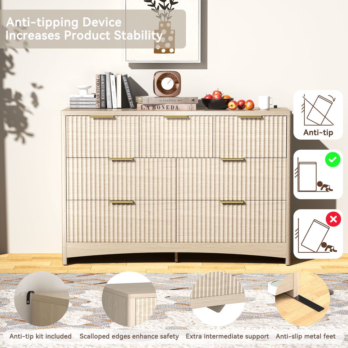CHITOOMA Modern 7 Drawer Dresser, Wide Fluted Wood Storage Cabinet with Gold Handles, Chest of Drawers for Bedroom or Living Room, Natural