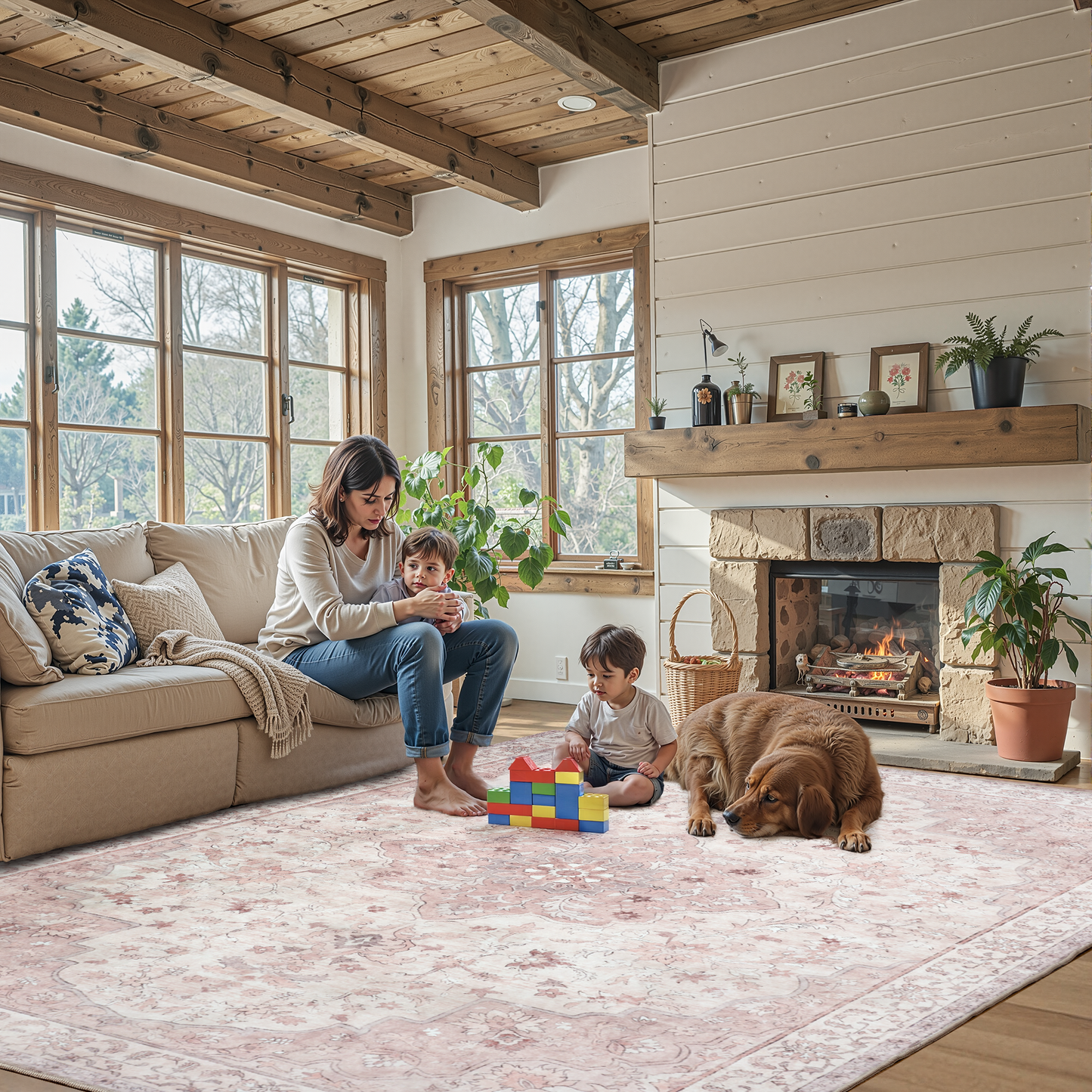 CHITOOMA 5'x7' Machine-washable Area Rugs for Living Room, Boho Floral Area Rugs with Non-Slip Backing, Stain Resistant Non-Shed Carpet for Bedroom, Dining Room, Dorm, Office