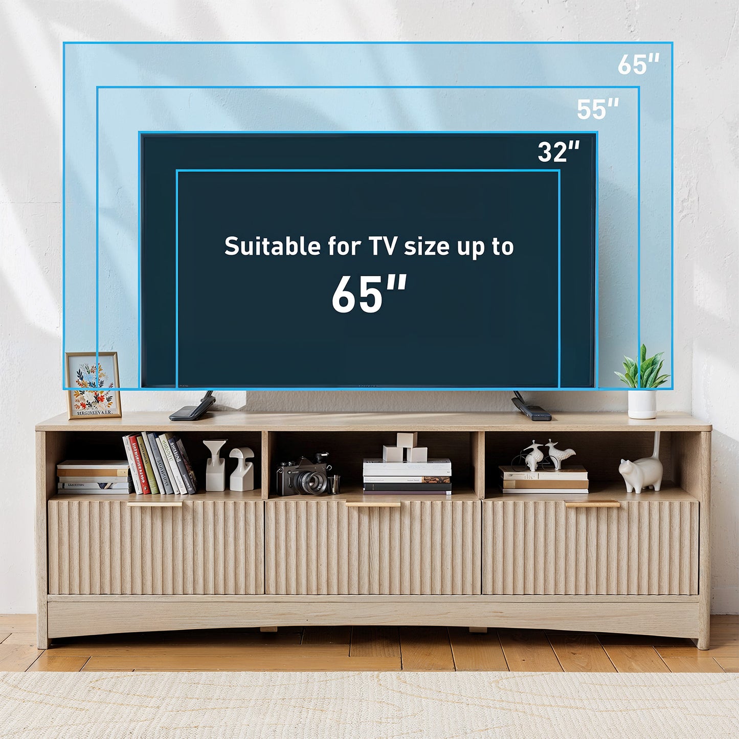 CHITOOMA Modern TV Stand for TVs up to 65", Fluted Media Console with Open Shelves & Hidden Storage Cabinet, Entertainment Center for Living Room, Natural