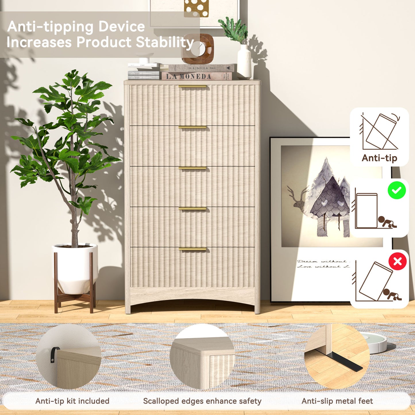 CHITOOMA Modern 5 Drawer Dresser for Bedroom, Fluted Wood Chest of Drawers with Gold Handles, Tall Storage Cabinet for Living Room, Natural