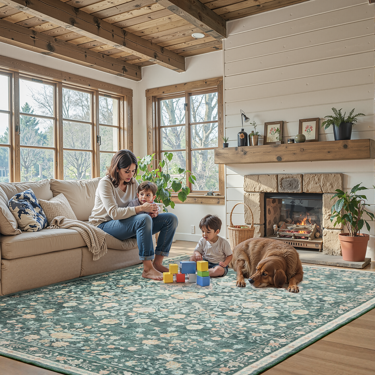 CHITOOMA 5'x7' Boho Area Rugs for Living Room, Machine Washable Stain Resistant Non-Shed Carpet, Floral Area Rug with Non-Slip Backing for Bedroom, Dining Room, Dorm, Office