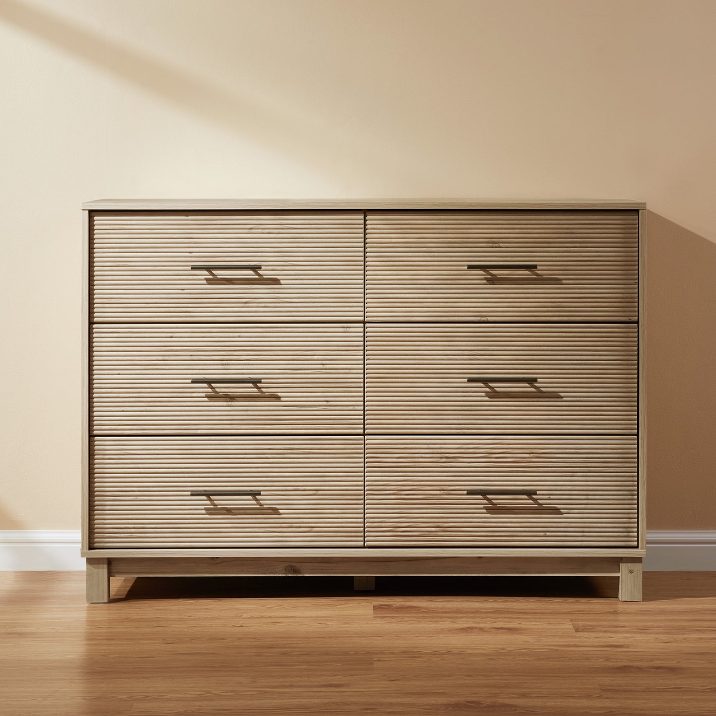 CHITOOMA 6 Drawer Fluted Dresser for Bedroom, Modern Wooden Long Dresser, Storage Cabine Chest of Drawers for Living Room Hallway, Natural