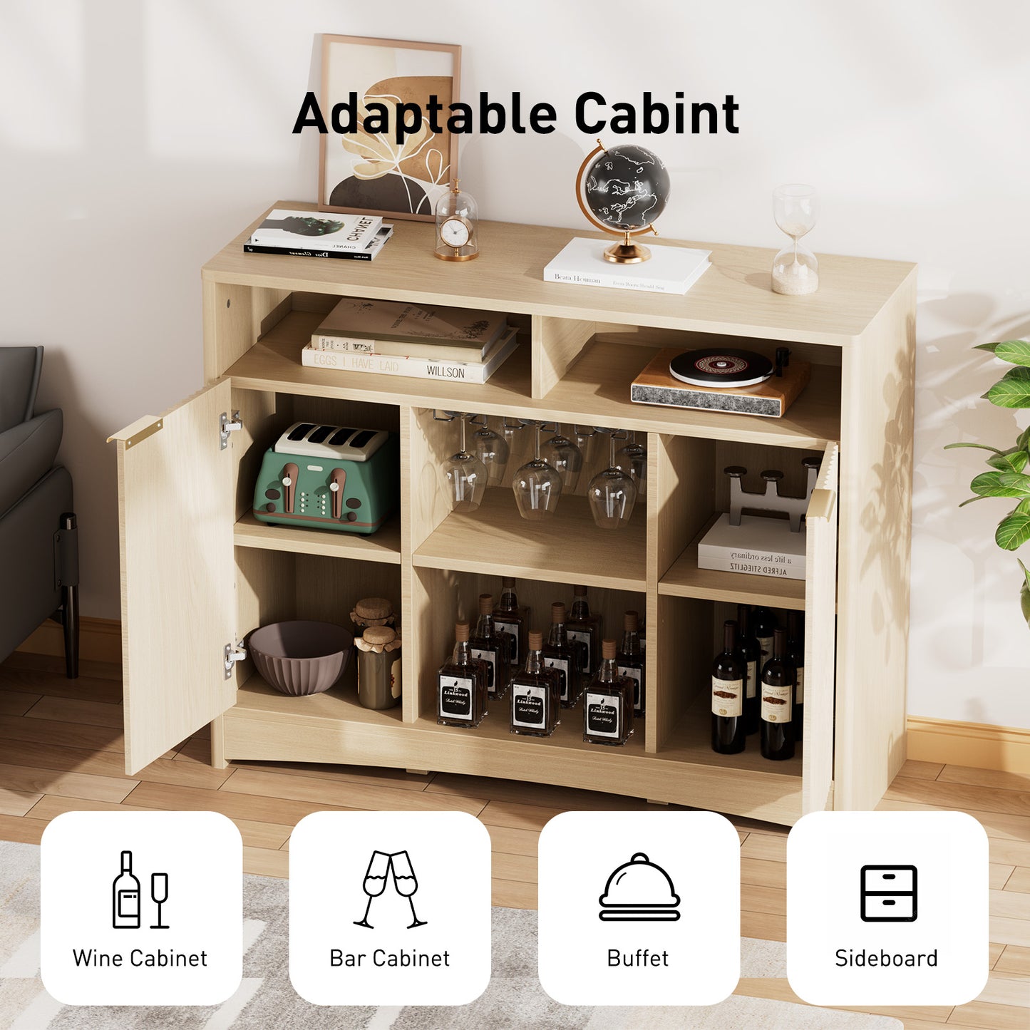 CHITOOMA Modern Coffee Bar Cabinet with Wine Glass Rack, Fluted Buffet Sideboard with Adjustable Storage Shelves and Doors, Liquor Bar Table for Dining Room or Living Room, Natural