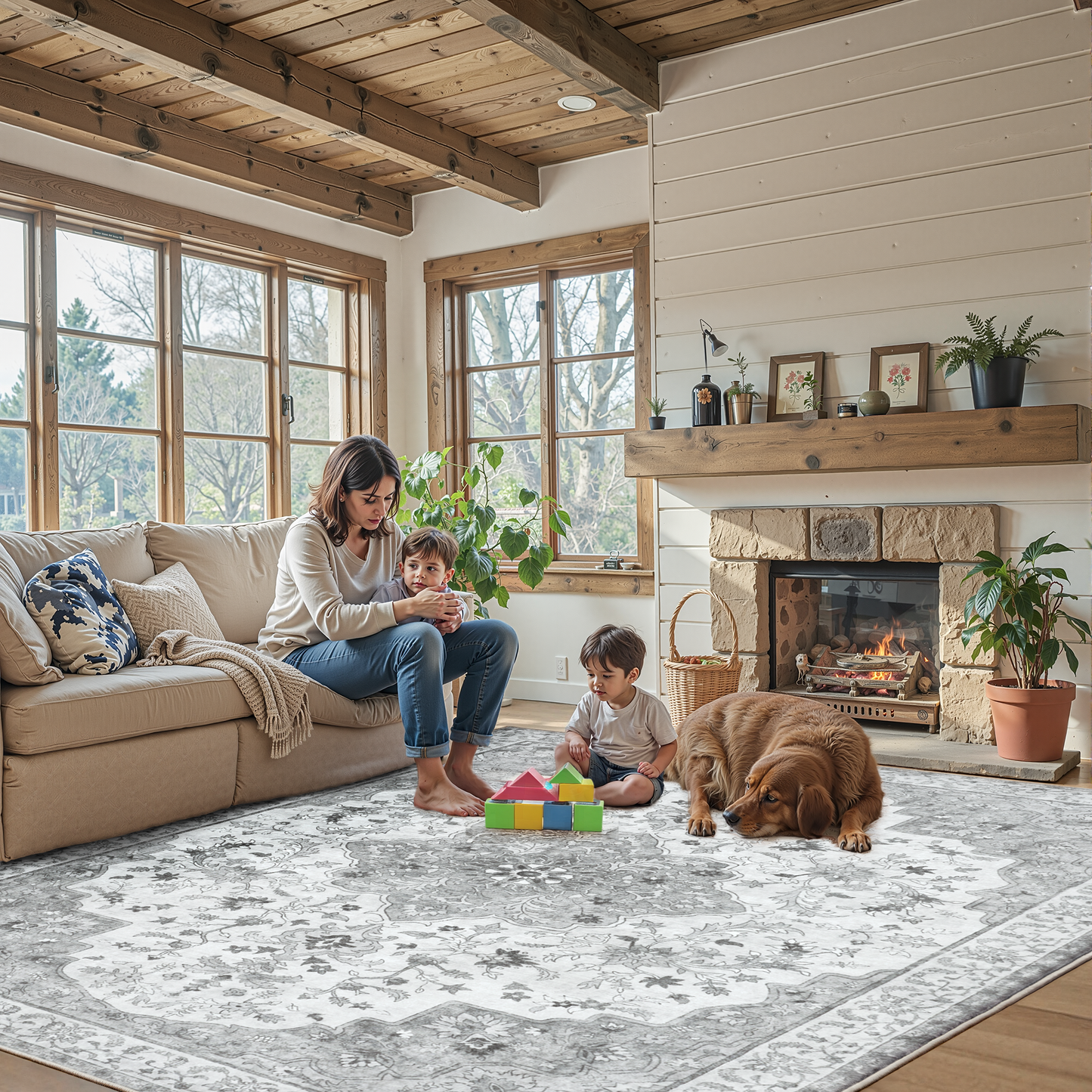 CHITOOMA 5'x7' Machine-washable Area Rugs for Living Room, Stain Resistant Non-Shed Carpet, Boho Floral Area Rugs with Non-Slip Backing for Bedroom, Dining Room, Dorm, Office