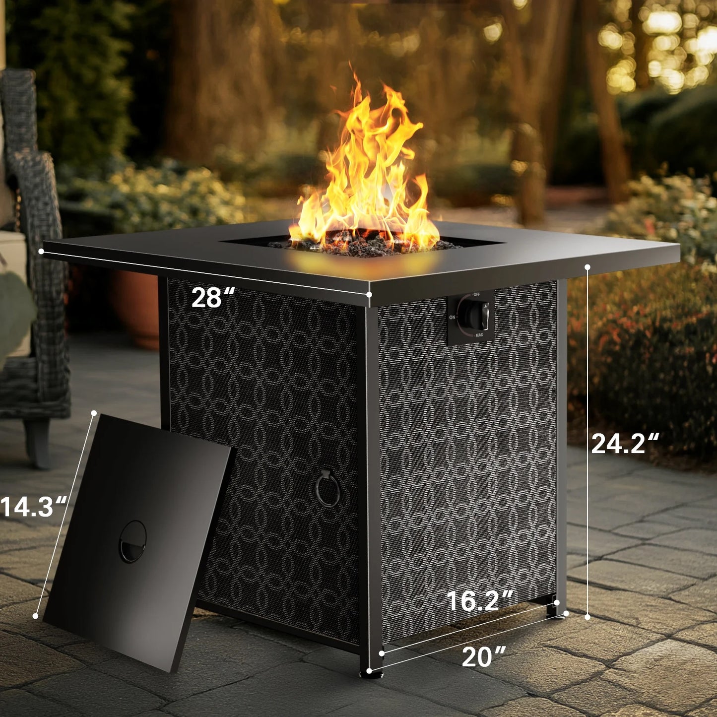 28" Gas Fire Pit Table for Outside 50000 BTU Propane Fire Pit with Lid and Lava Rocks