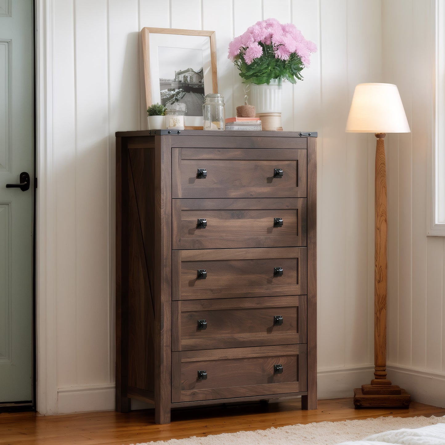 CHITOOMA 5 Drawer Dressers for Bedroom, Adult Tall Wooden Storage Cabine with Double Handle, Chest of Drawers for Living Room Hallway, Walnut