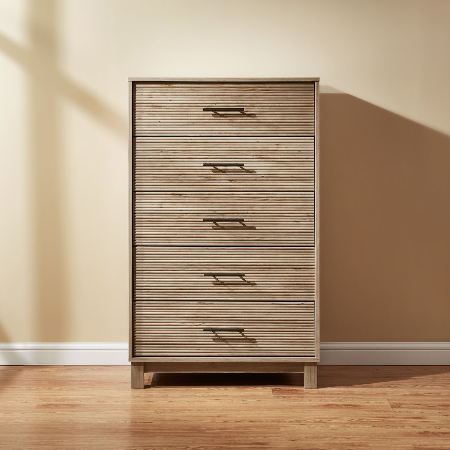 CHITOOMA Fluted Dresser for Bedroom, Modern Wooden 5 Drawer Tall Dresser, Chest of Drawers, Storage Cabine Living Room Hallway, Natural