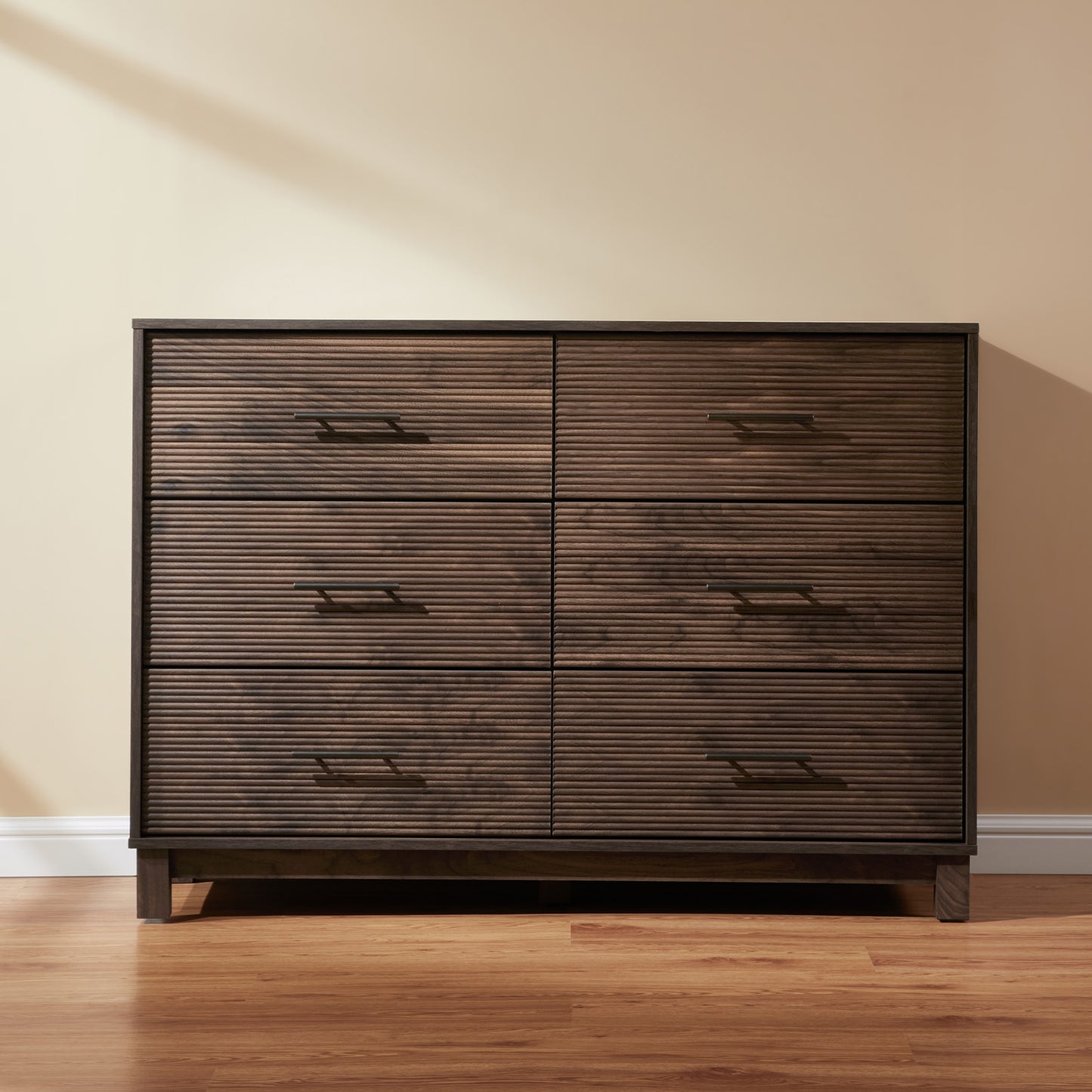 CHITOOMA 6 Drawer Fluted Dresser for Bedroom, Modern Wooden Long Dresser, Storage Cabine Chest of Drawers for Living Room Hallway, Walnut