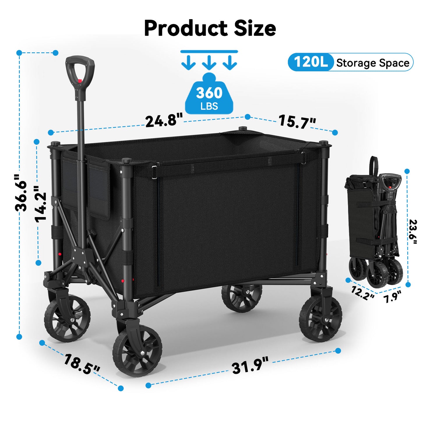 Foldable Wagon with Expandable Storage Space & Locking Front Wheels, Portable Collapsible Wagon Cart with 2 Cup Holder for Groceries, Camping, Shopping, Garden, Beach