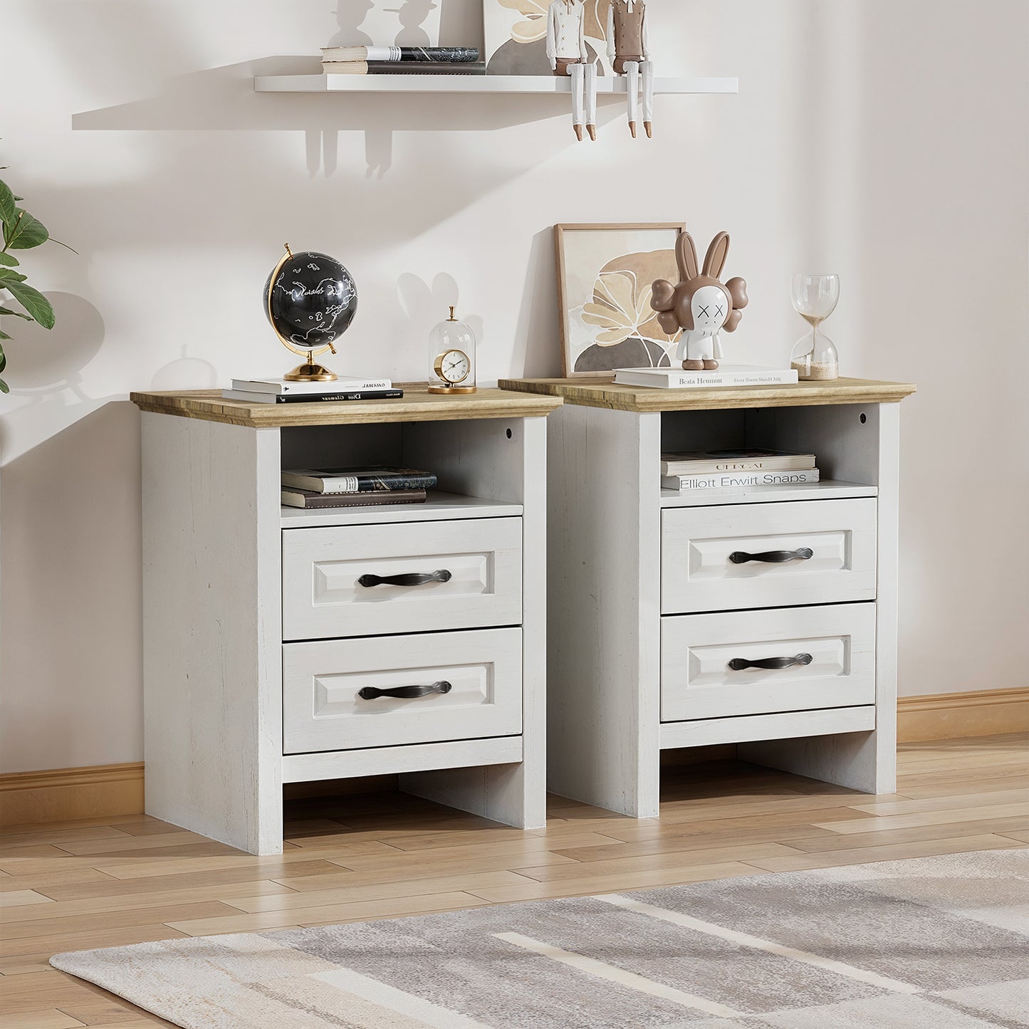CHITOOMA 2-Drawer Nightstand with Charging Station, Wood Bedside Table with Open Shelf, Small End Table for Bedroom Living Room, White & Brown