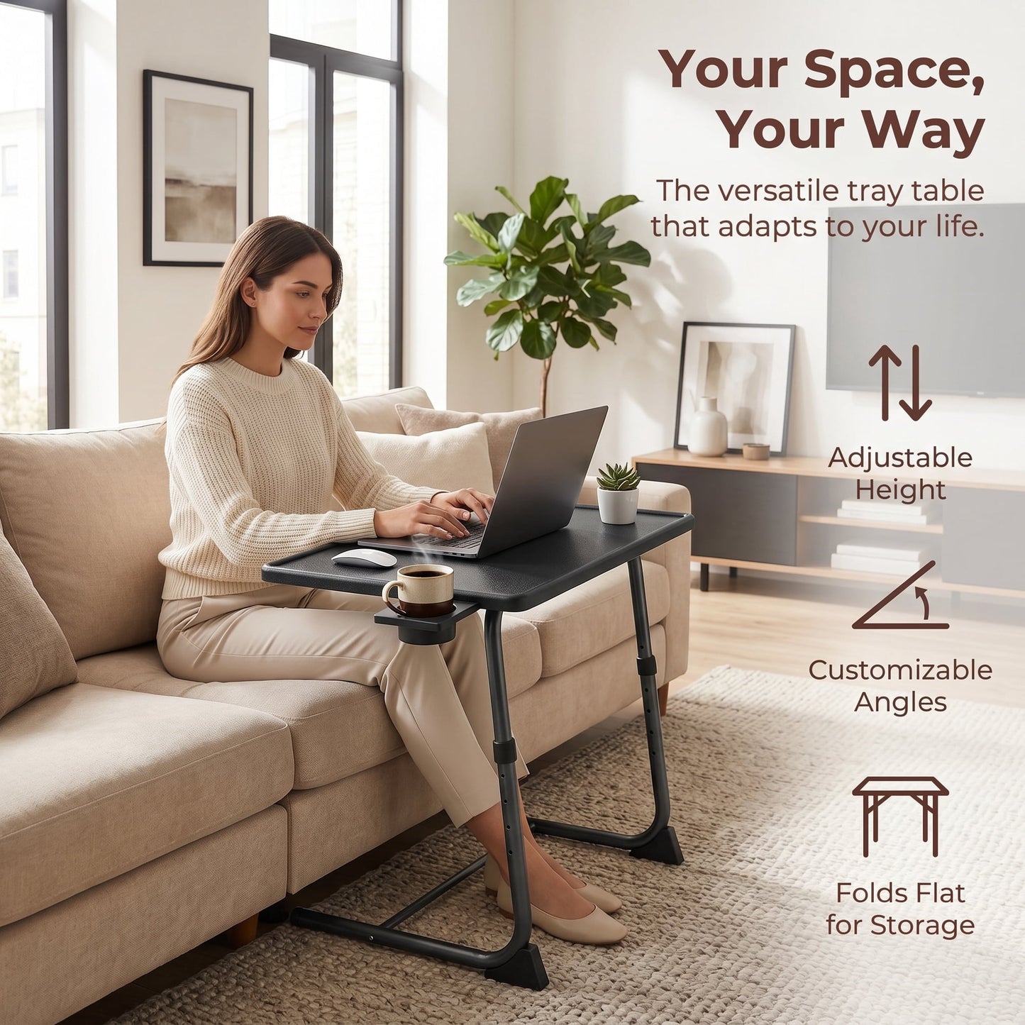 CHITOOMA TV Tray Table with 3" Cup Holder, Adjustable TV Dinner Tray for Eating, 6 Heights & 3 Tilt Angles, Up to Hold 50 lbs, Black
