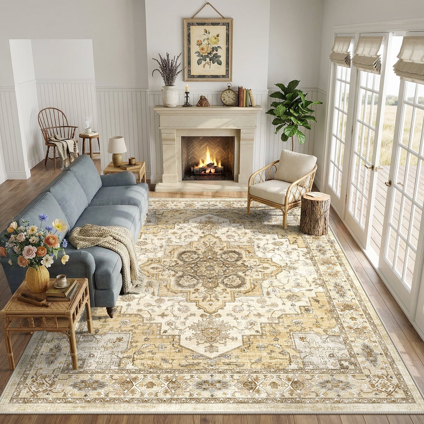 CHITOOMA 8'x10' Boho Area Rugs for Living Room, Machine Washable Stain Resistant Non-Shed Carpet, Area Rug with Non-Slip Backing for Bedroom, Dining Room, Dorm, Office