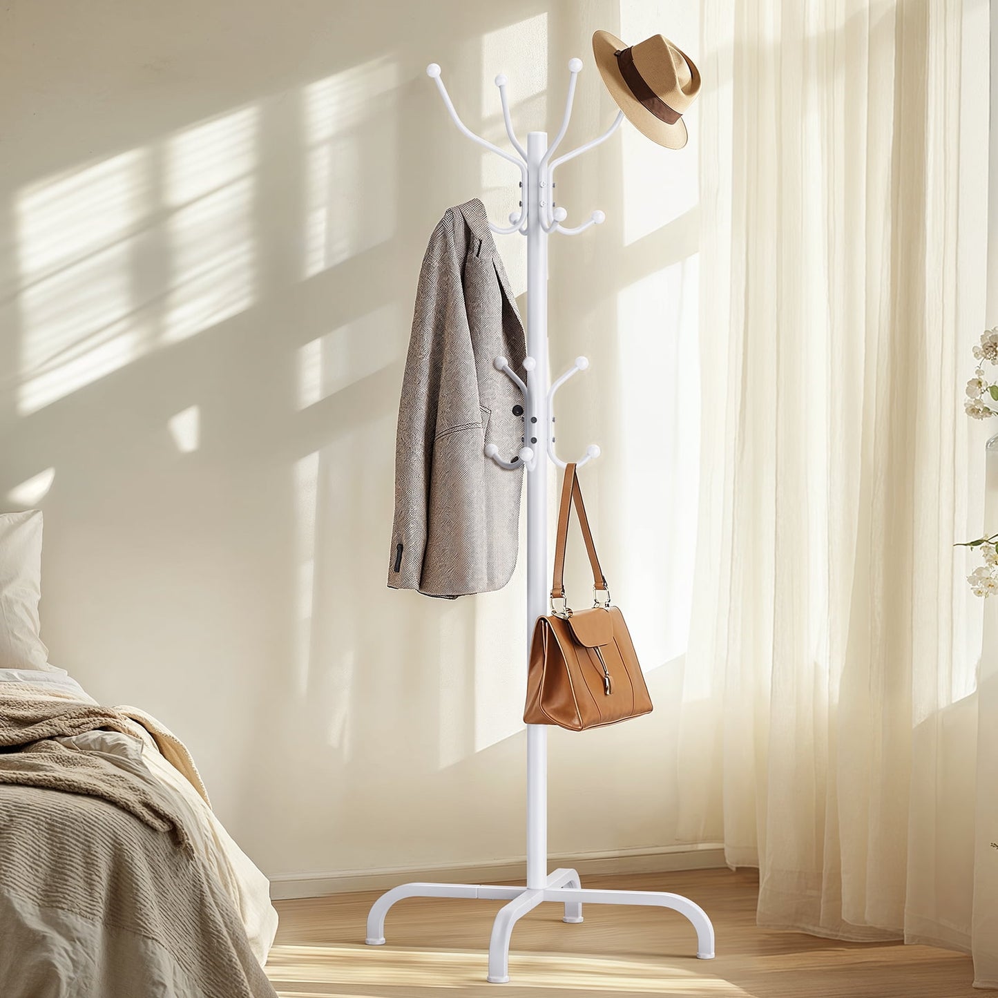 CHITOOMA 14 Hooks Coat Rack Stand Metal Storage Rack Freestanding Hat Clothing Display Stand, White