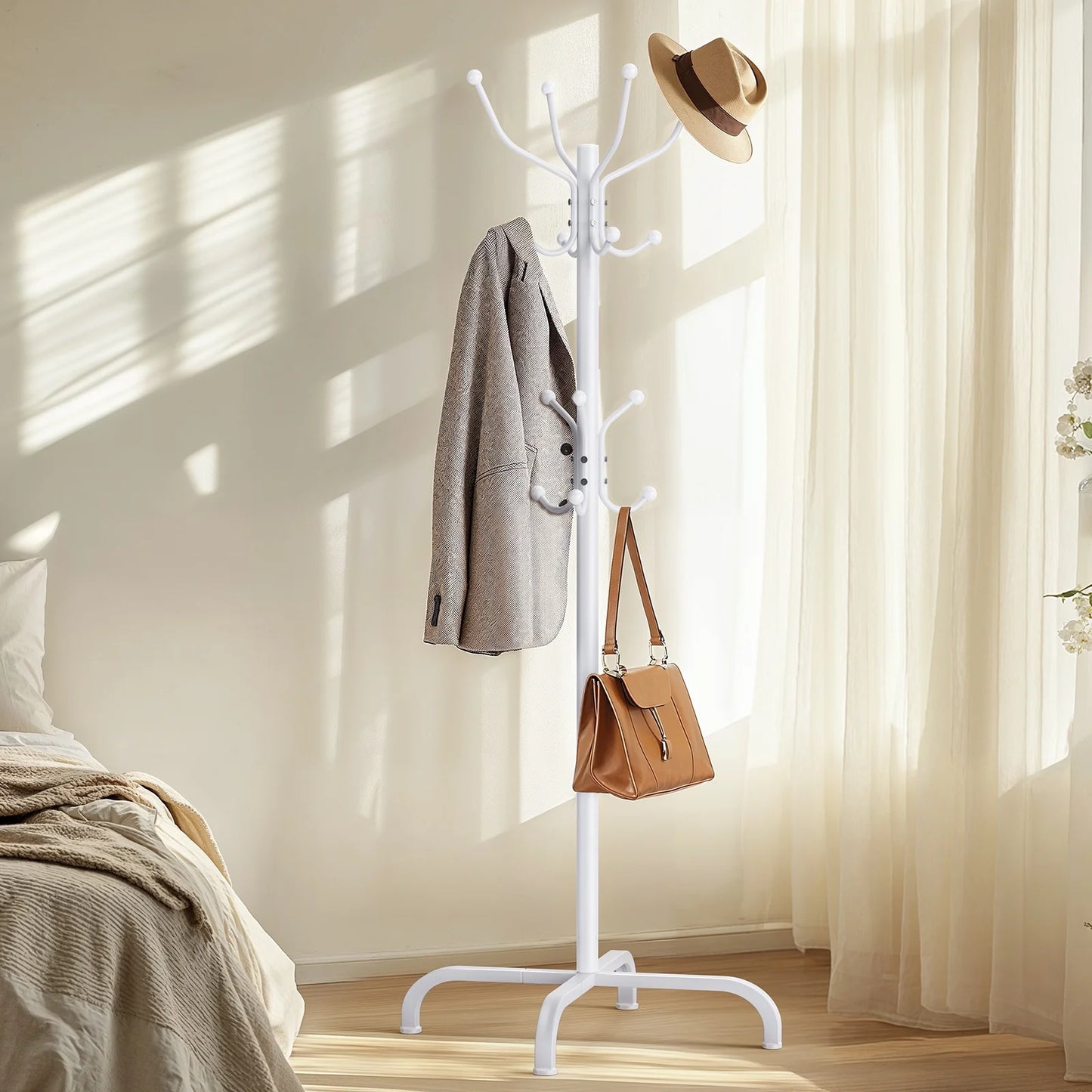 CHITOOMA 14 Hooks Coat Rack Stand Metal Storage Rack Freestanding Hat Clothing Display Stand, White