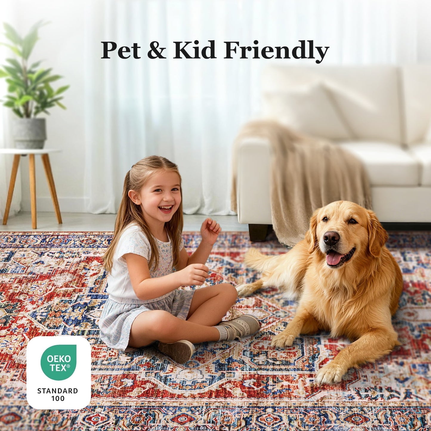 5'x7' Boho Area Rugs for Living Room, Machine Washable Area Rug with Non-Slip Backing, Stain Resistant Non-Shed Carpet for Bedroom, Dining Room, Dorm, Office
