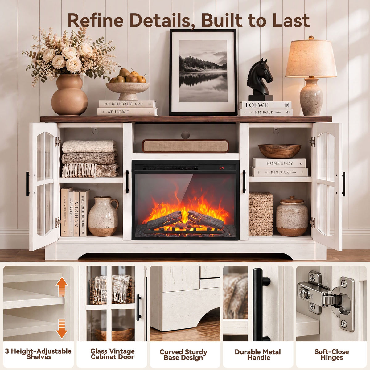 CHITOOMA Electric Fireplace TV Stand for 70" TVs with Glass Barn Doors, Farmhouse Entertainment Console with 23" Electric Fireplace, Holds up to 200 lbs, White