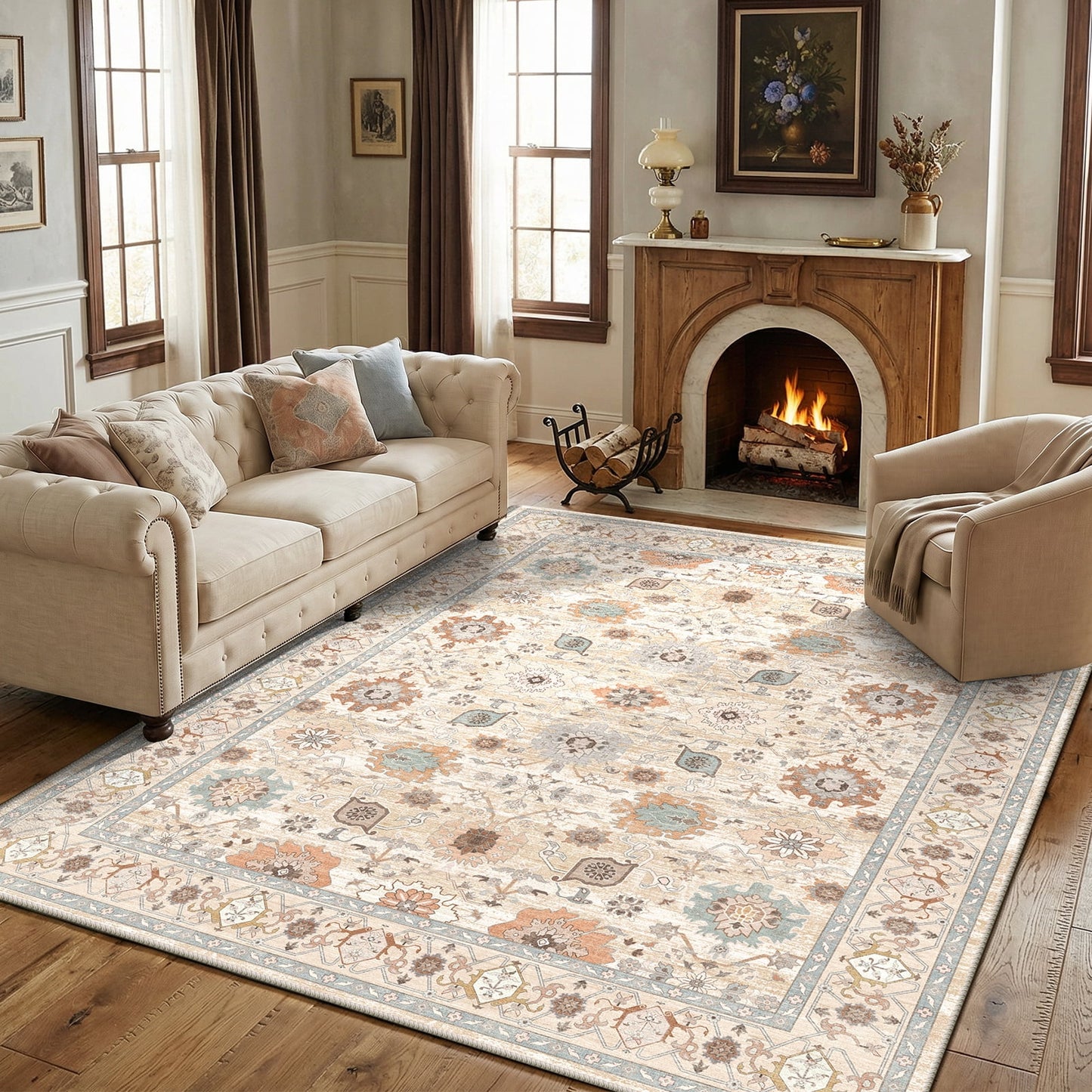 CHITOOMA 5'x7' Area Rugs for Living Room, Boho Machine Washable Stain Resistant Non-Shed Carpet, Floral Area Rug with Non-Slip Backing for Bedroom, Dining Room, Dorm, Office