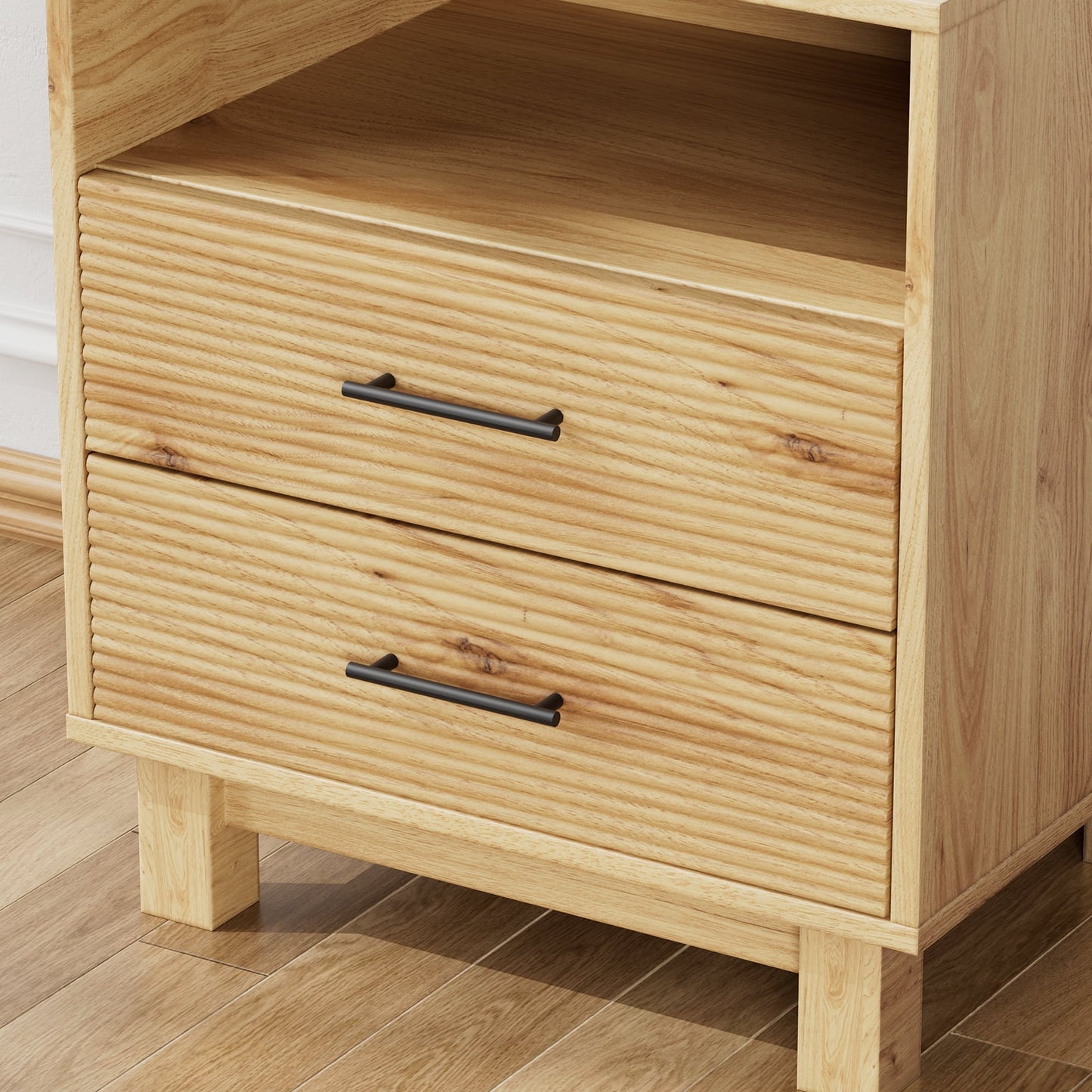 CHITOOMA 2-Drawer Nightstand with Open Shelf, Wood Fluted Bedside Table with Storage, Small End Table for Bedroom Living Room, Natural