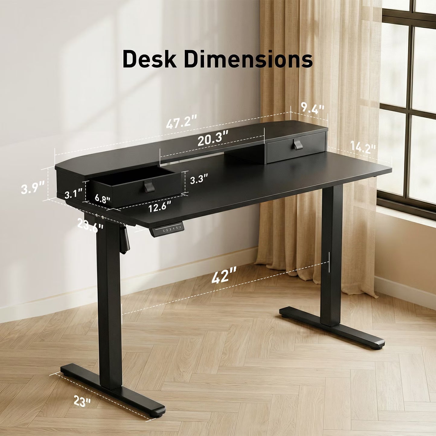 CHITOOMA 48″ x 24″ Standing Desk with Drawers, Electric Height Adjustable Sit Stand Desk with Storage Shelf, Black