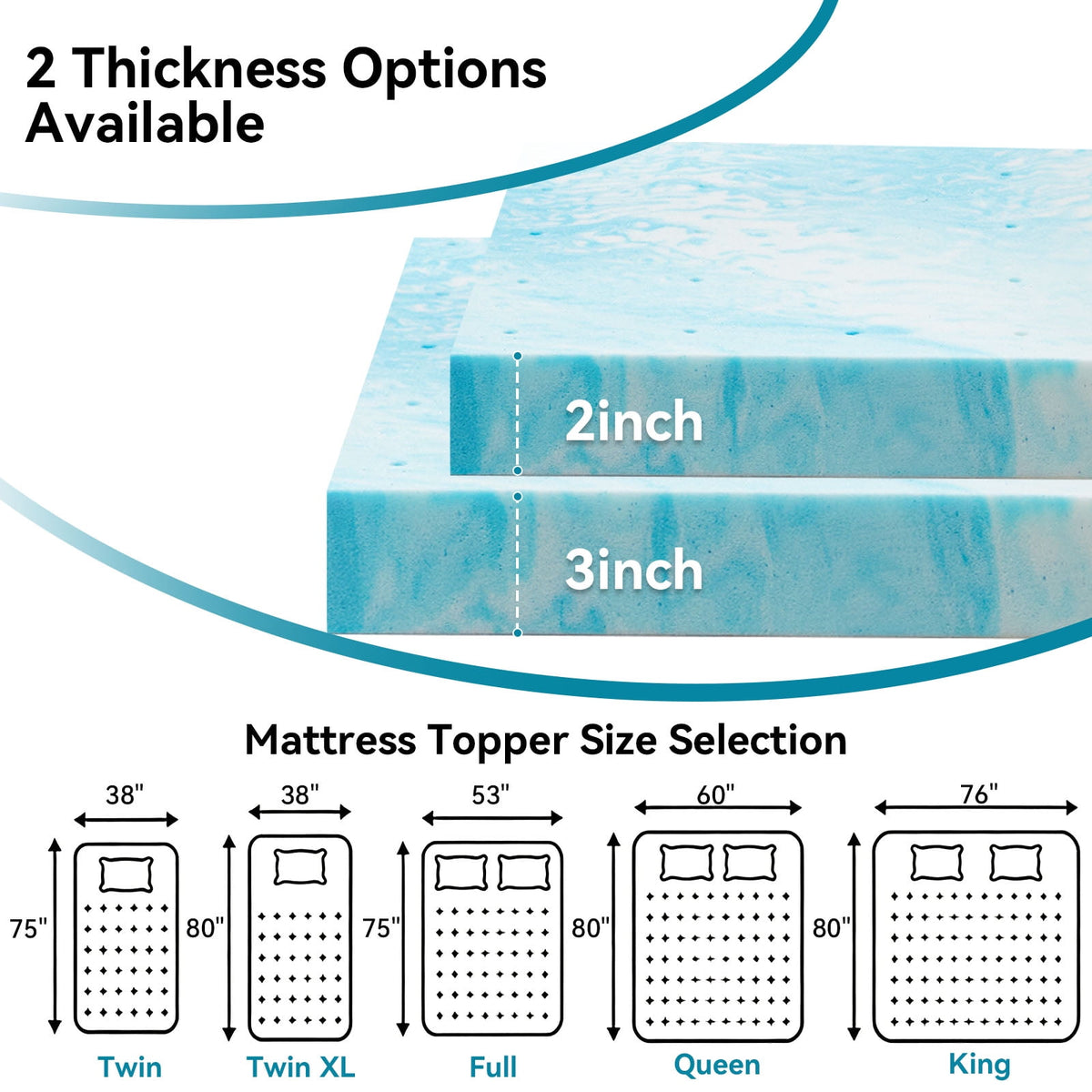 CHITOOMA 2 Inch Twin Memory Foam Mattress Topper, Cooling Gel Infused Foam Mattress Topper for Pressure Relief& Enhanced Sleep Comfort, CertiPUR-US and Oeko-TEX Certification