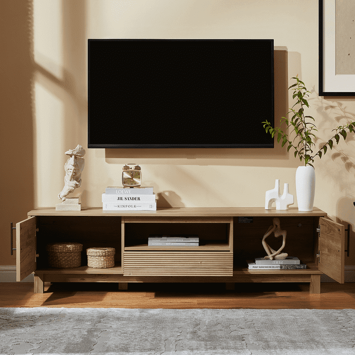 Mid-Century Modern TV Stand for 70" TVs, Wood TV Console with Reeded 2-Door for Living Room, Nature