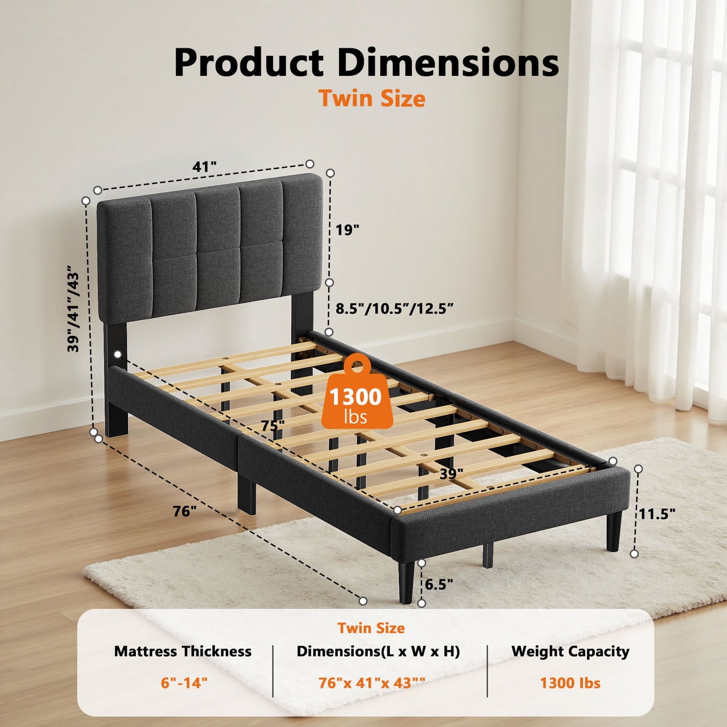 CHITOOMA Twin Bed Frame with Adjustable Headboard, Upholstered Platform Bed Frame Twin Size No Box Spring Needed, Noise-Free, Heavy Duty, Dark Grey